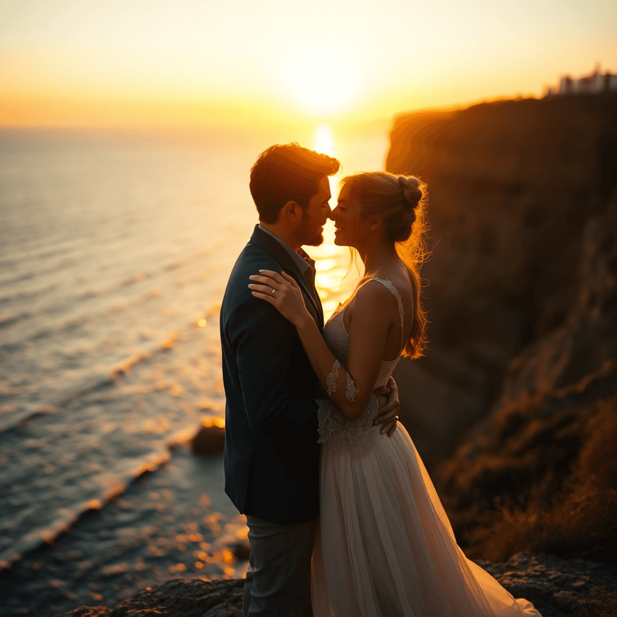 A couple embraces on a cliffside at sunset overlooking the sea, bathed in warm golden light with gentle waves and soft cinematic effects.