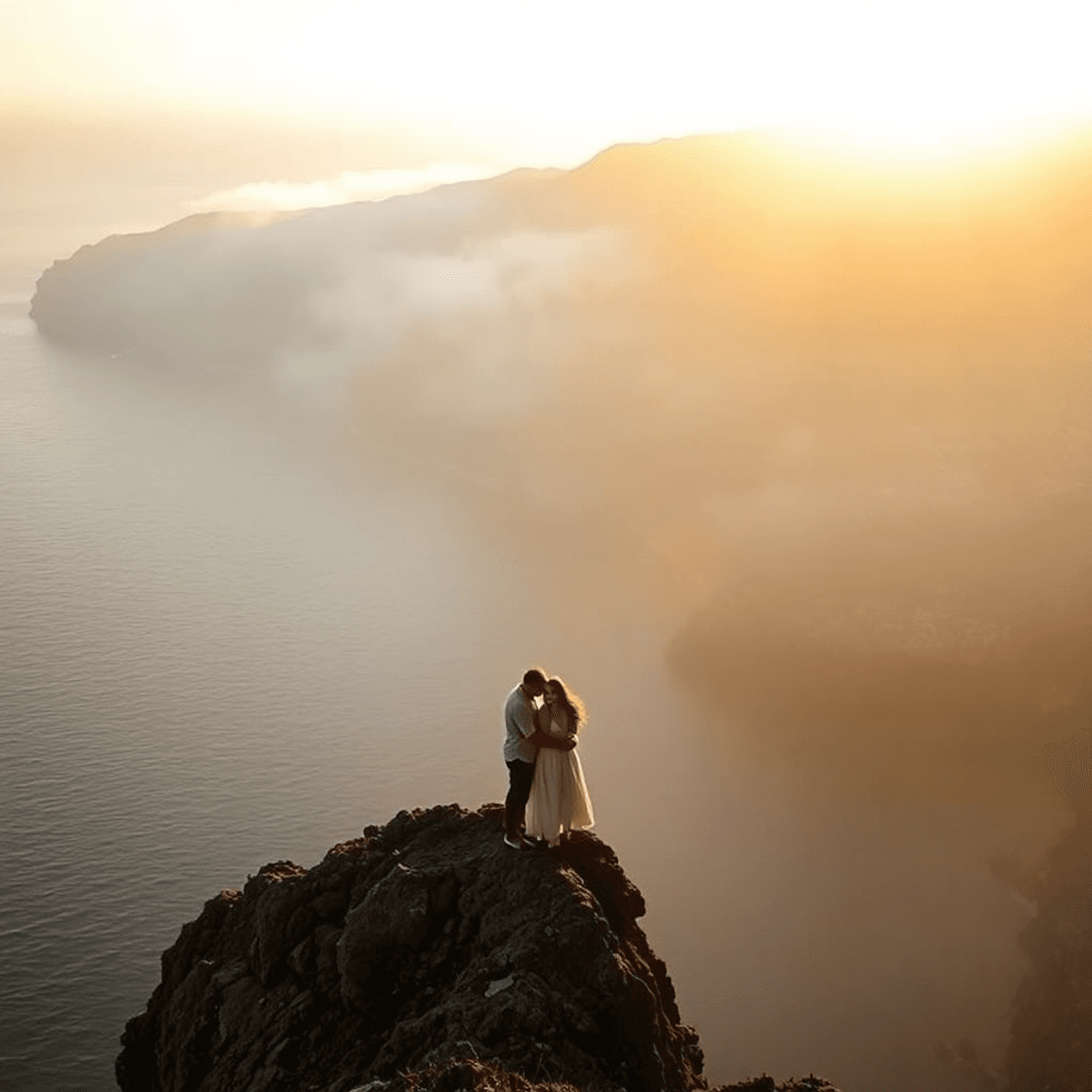A couple standing alone at sunrise on a rugged Mediterranean cliff-edge, gentle golden light filtering through mist, the sea far below, them in a quiet embrace as if the world paused just for them..