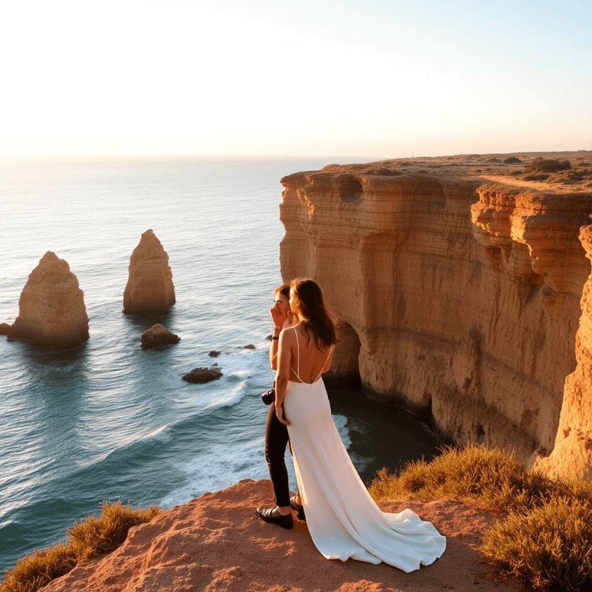 A filmmaker exploring hidden coastal cliffs in southern Spain at golden hour, camera in hand, scanning the horizon for the perfect elopement spot — rugged rocks, turquoise sea, and soft Mediterranean light.”.