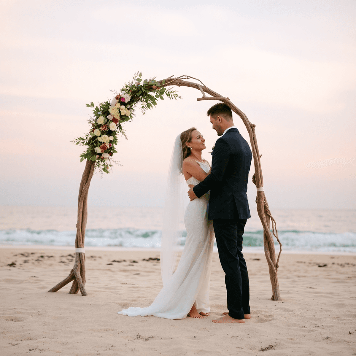 A symbolic ceremony on a secluded beach under a pastel-toned sky, driftwood arch adorned with wild Mediterranean blooms, sea breeze softly lifting a delicate veil, the couple barefoot in the sand, eyes locked in deep connection..