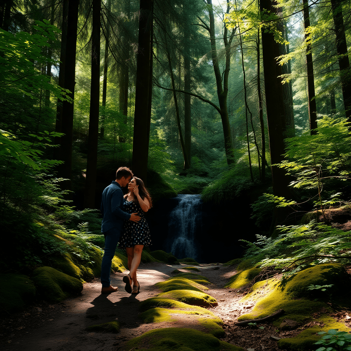 Two lovers hiking through a lush forest path, dappled sunlight through tall trees, their footprints in soft moss, stopping before a hidden waterfall to exchange whispered vows, the setting wild yet intimate..