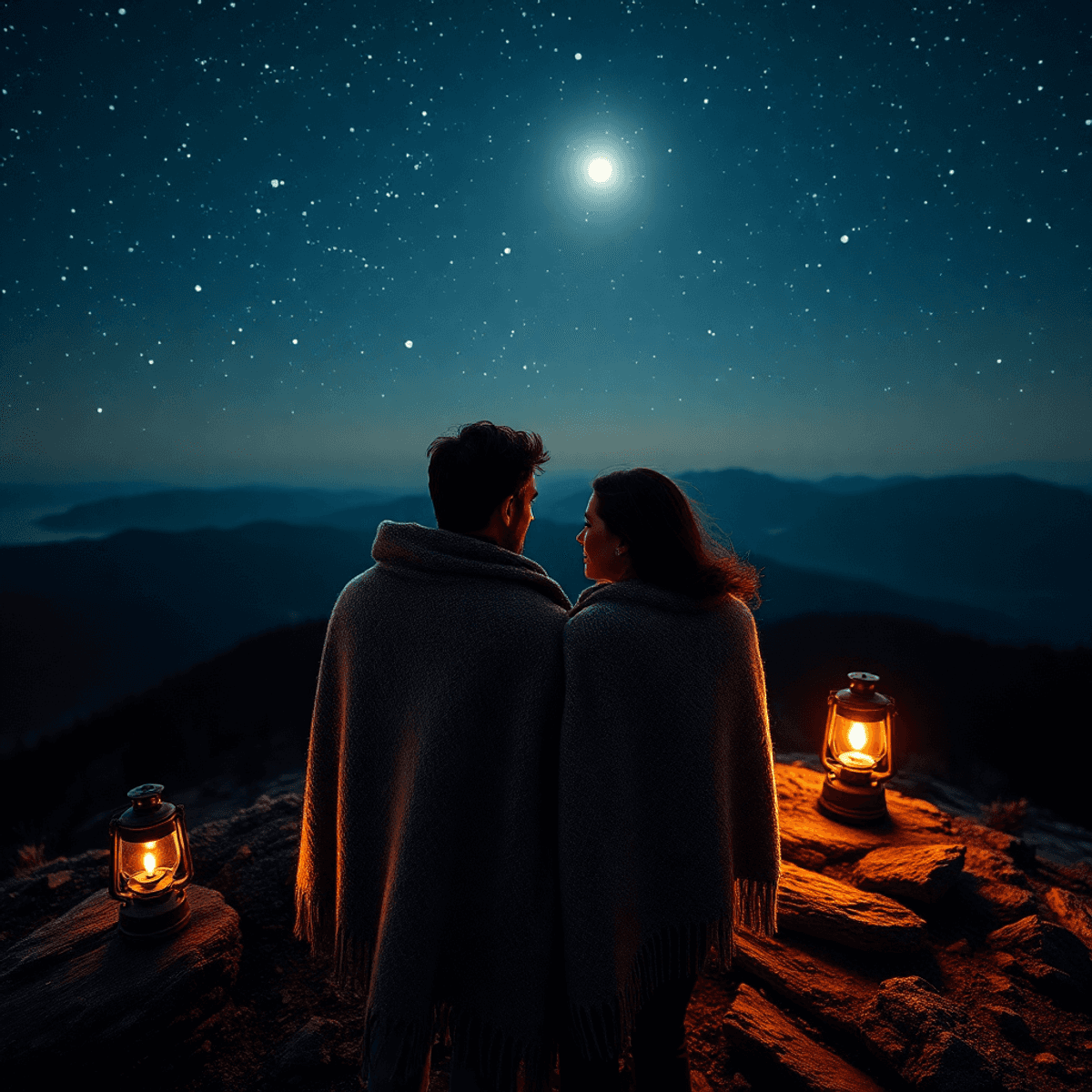 Under a sky dense with stars, a couple wrapped in a wool blanket on the summit of a mountain, lantern by their side, the moonlight casting silver on their faces, their hands entwined, the silence of the night as their only witness..