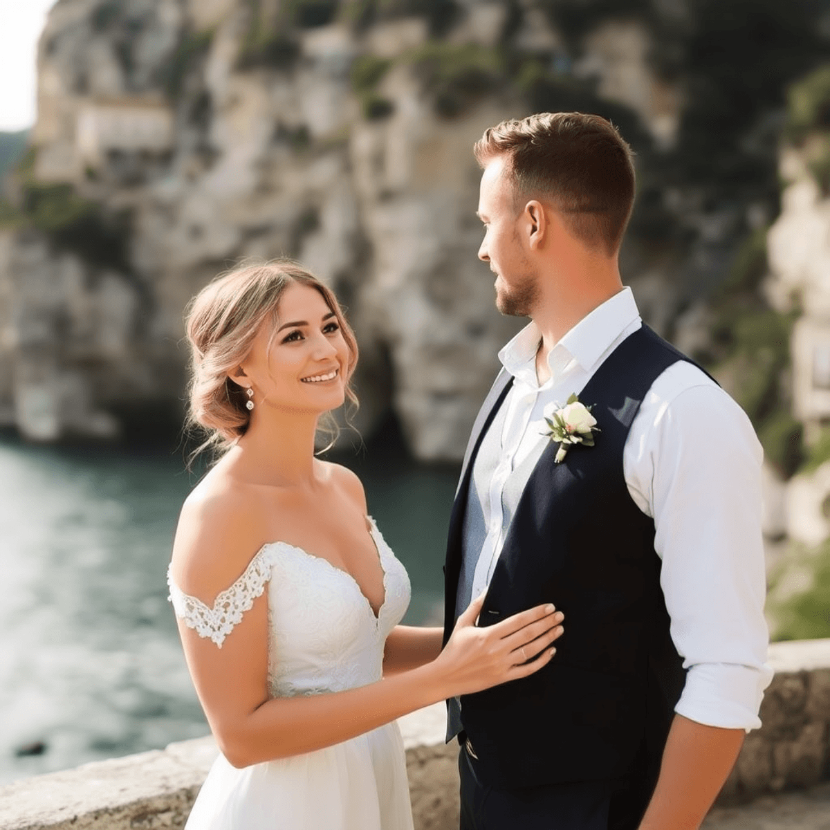 romantic couple getting an elopement in altea, spain .