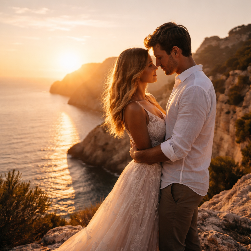 A photorealistic scene of a couple on a Spanish cliffside at sunrise, soft golden light illuminating their faces, the sea reflecting the light onto their silhouettes, cinematic depth of field, showcasing natural light techniques for elopement videography. Alt: natural light elopement video scouting on a Spanish cliffside sunrise