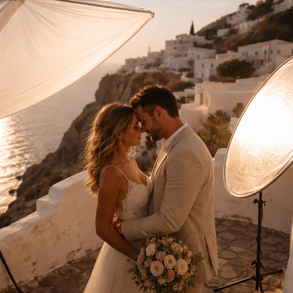 A photorealistic scene of a Spanish cliffside elopement at golden hour, a diffuser shadowing the couple’s faces while a nearby reflector catches warm light off whitewashed walls, Realism. Alt: Spanish cliffside elopement lighting setup with diffusion and bounce.
