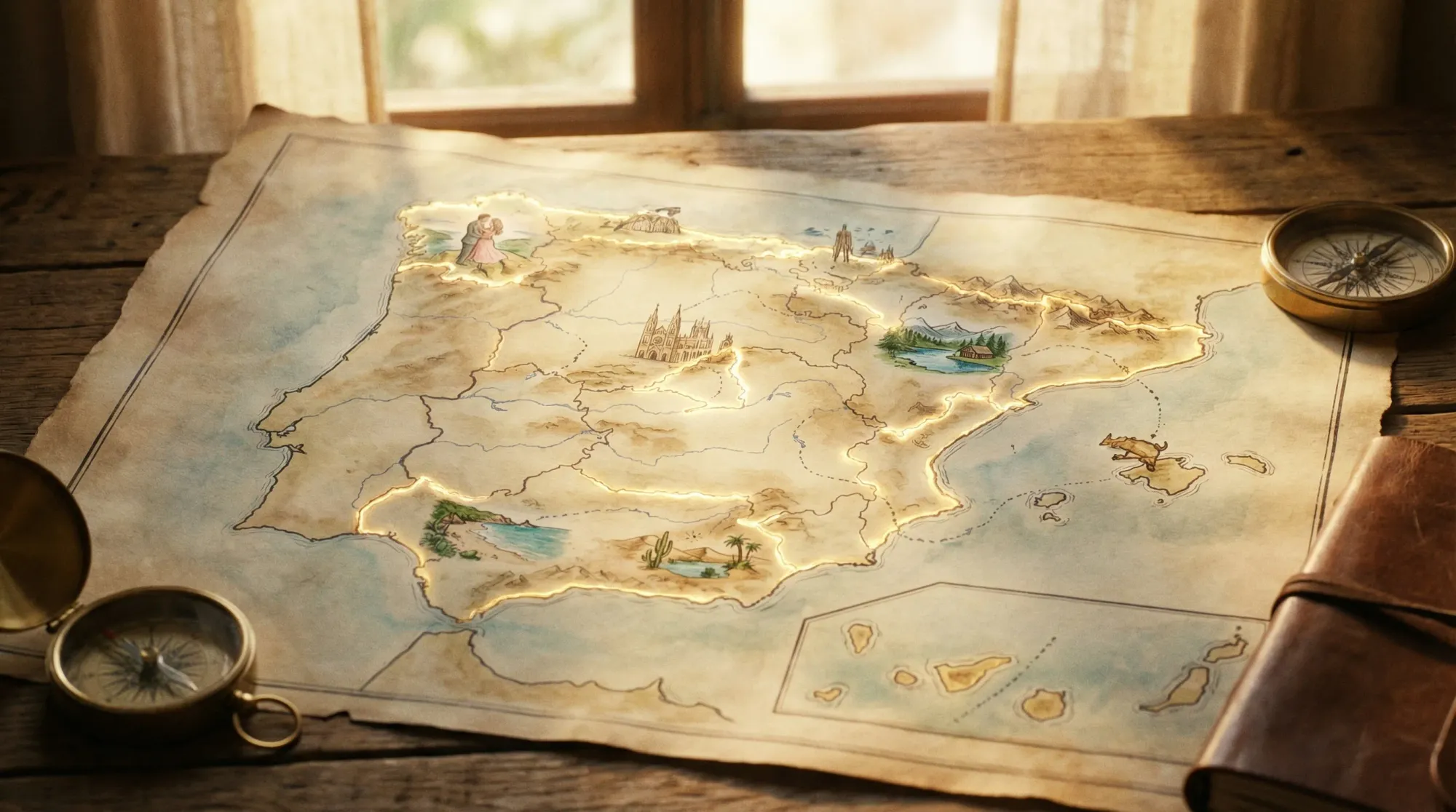 An illustrated map of Spain with several regions subtly highlighted (Mediterranean coast, Andalusia, North coast, Interior, Pyrenees, Balearic Islands, Canary Islands). Small romantic icons mark representative elopement settings like a cliff, a cathedral, a beach, a mountain lake, and a desert.