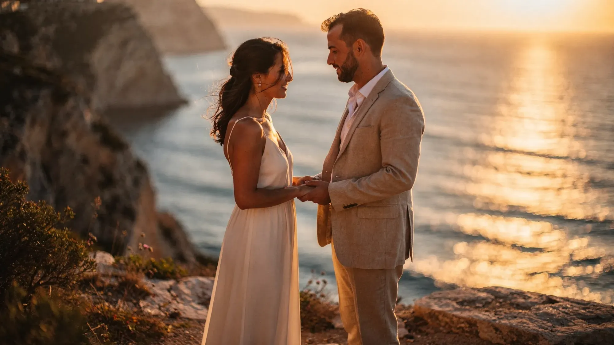 A couple in simple, elegant elopement attire standing on a Mediterranean coastal cliff at sunset in Spain. The sea stretches behind them, warm golden light fills the scene, and they hold hands as if about to exchange vows.