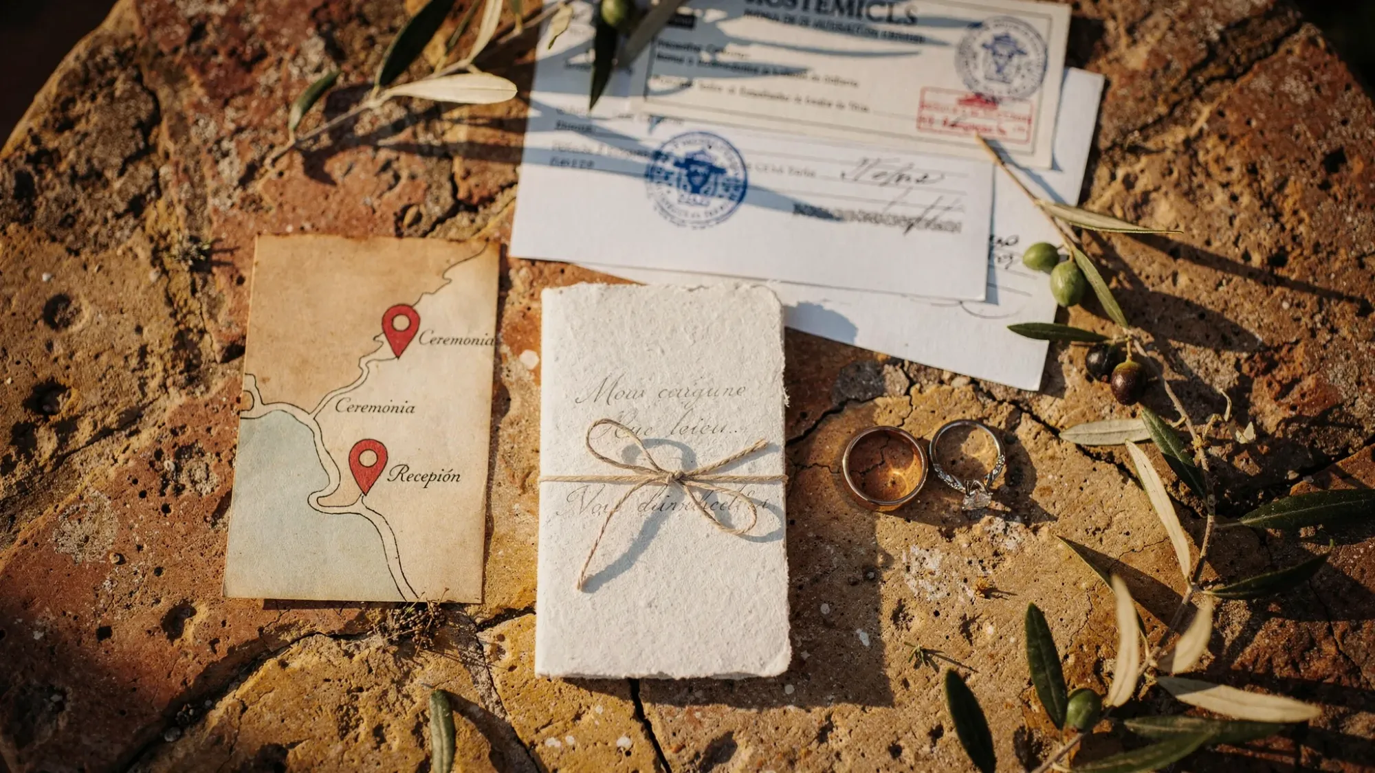 A romantic flat lay on a rustic Spanish stone table: a vow booklet, two rings, olive branches, a simple map with location pins, and official-looking stamped paperwork, warm Mediterranean light casting soft shadows.