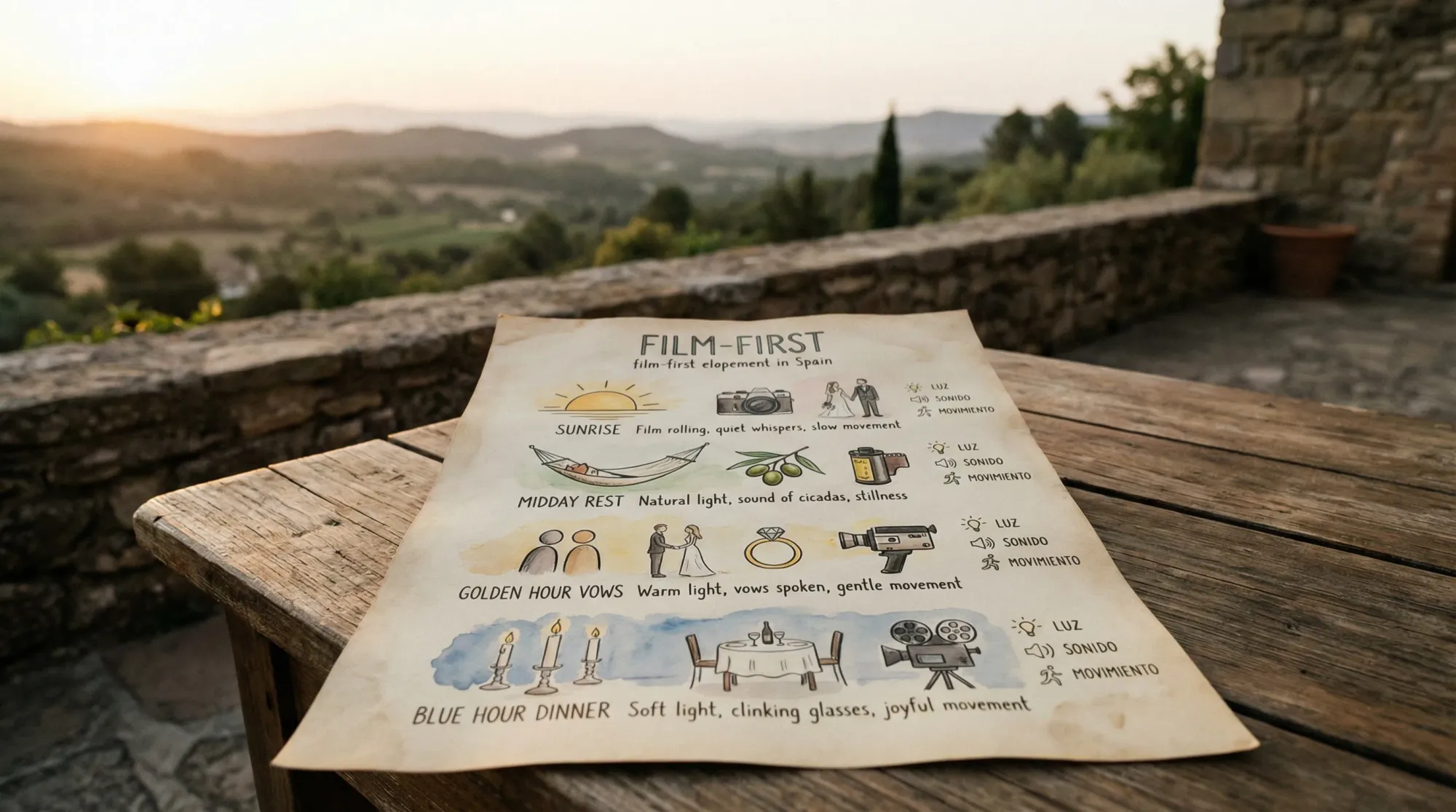 A simple illustrated timeline of a film-first elopement day in Spain, showing sunrise, midday rest, golden hour vows, and blue hour dinner, with small icons for light, sound, and movement.