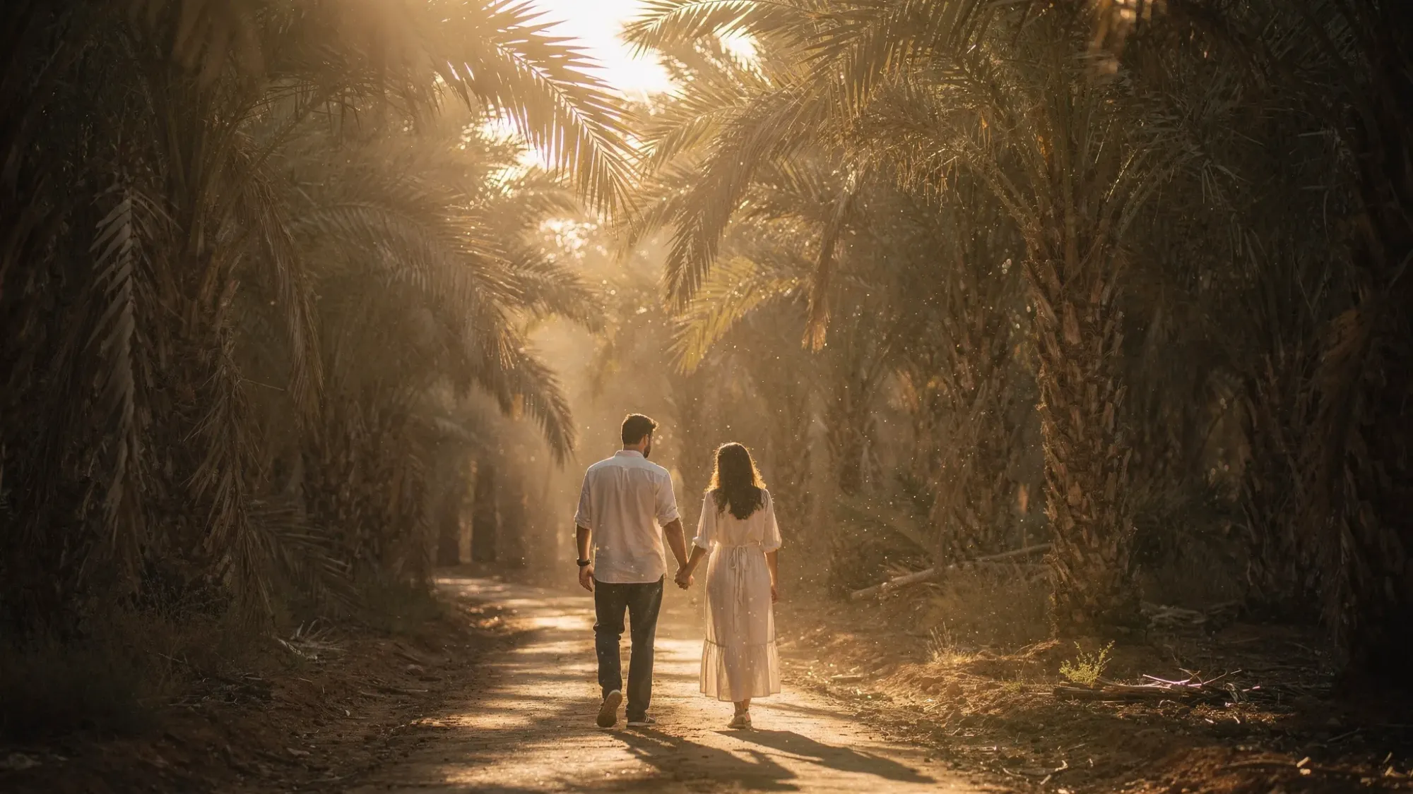 A couple walks hand in hand along a narrow path inside a palm grove in Elche, tall palms arching overhead and casting dappled shadows. Warm late-afternoon light filters through fronds, and the scene feels quiet, secluded, and cinematic.