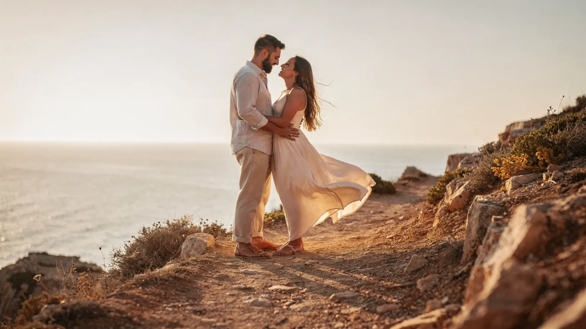 A couple stands close together on a clifftop coastal path above the Mediterranean near Gran Alacant, with warm golden-hour light hitting the rocky edge, wind moving gently through their clothes, and the sea stretching to the horizon below.