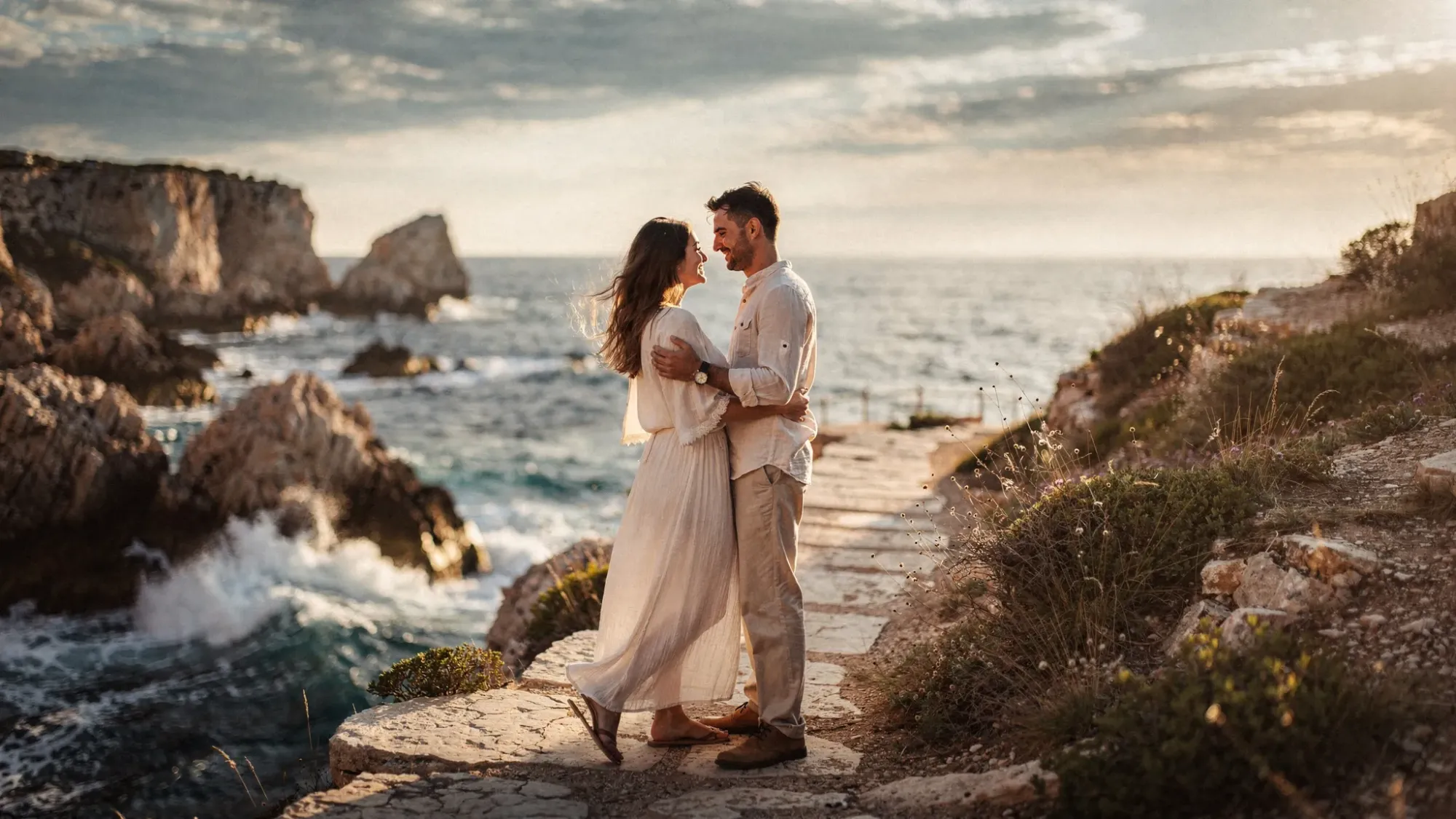 A couple stands close together on a rugged Mediterranean cliff path at golden hour, with wind lifting their clothing slightly. Below them, deep blue water meets jagged rocks, and warm sunlight breaks through thin clouds, creating a soft, cinematic glow.