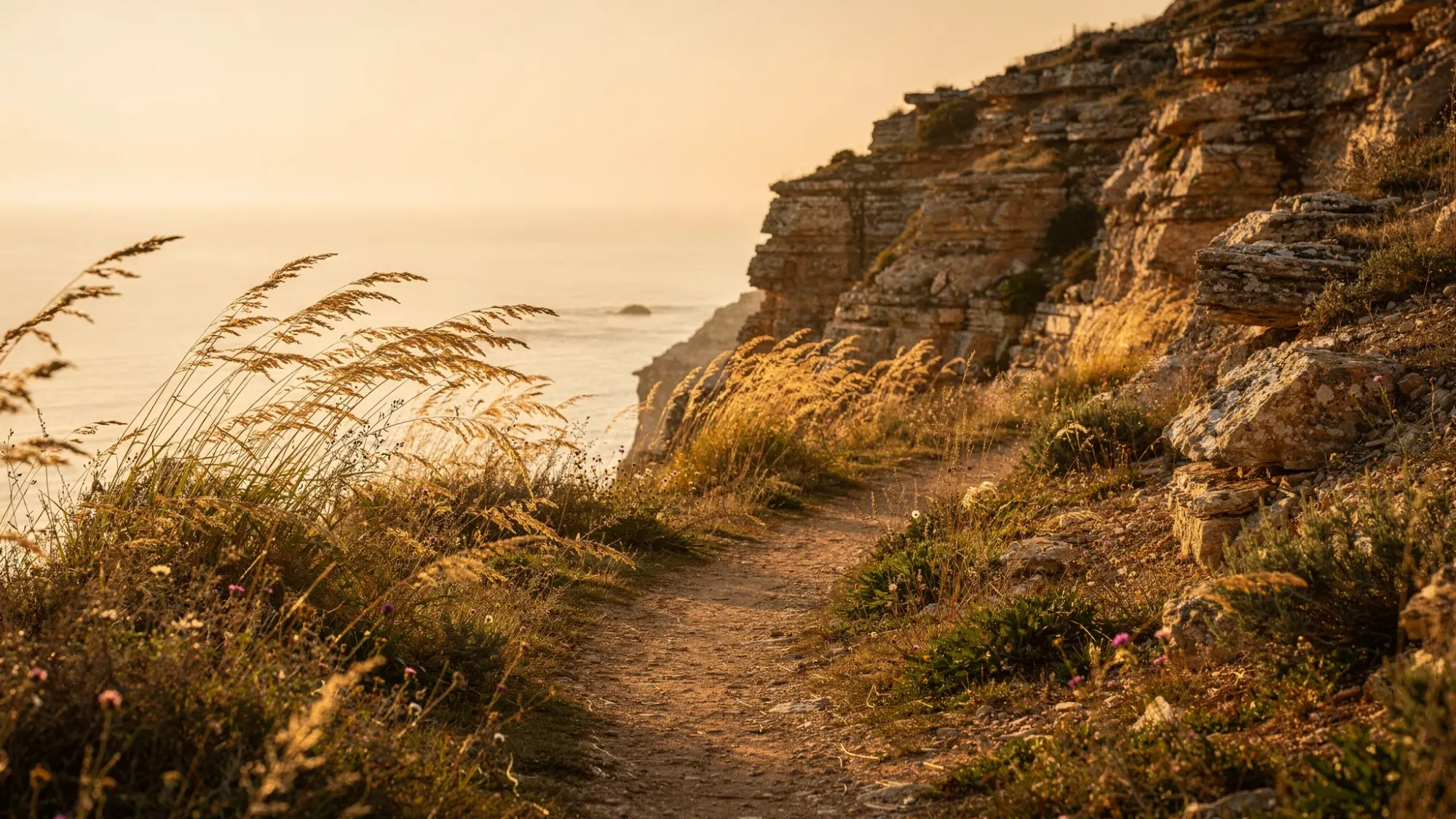 A quiet Mediterranean cliffside at golden hour with a narrow footpath leading toward the sea; wind-bent grasses in the foreground, warm light on rock textures, and a calm horizon.