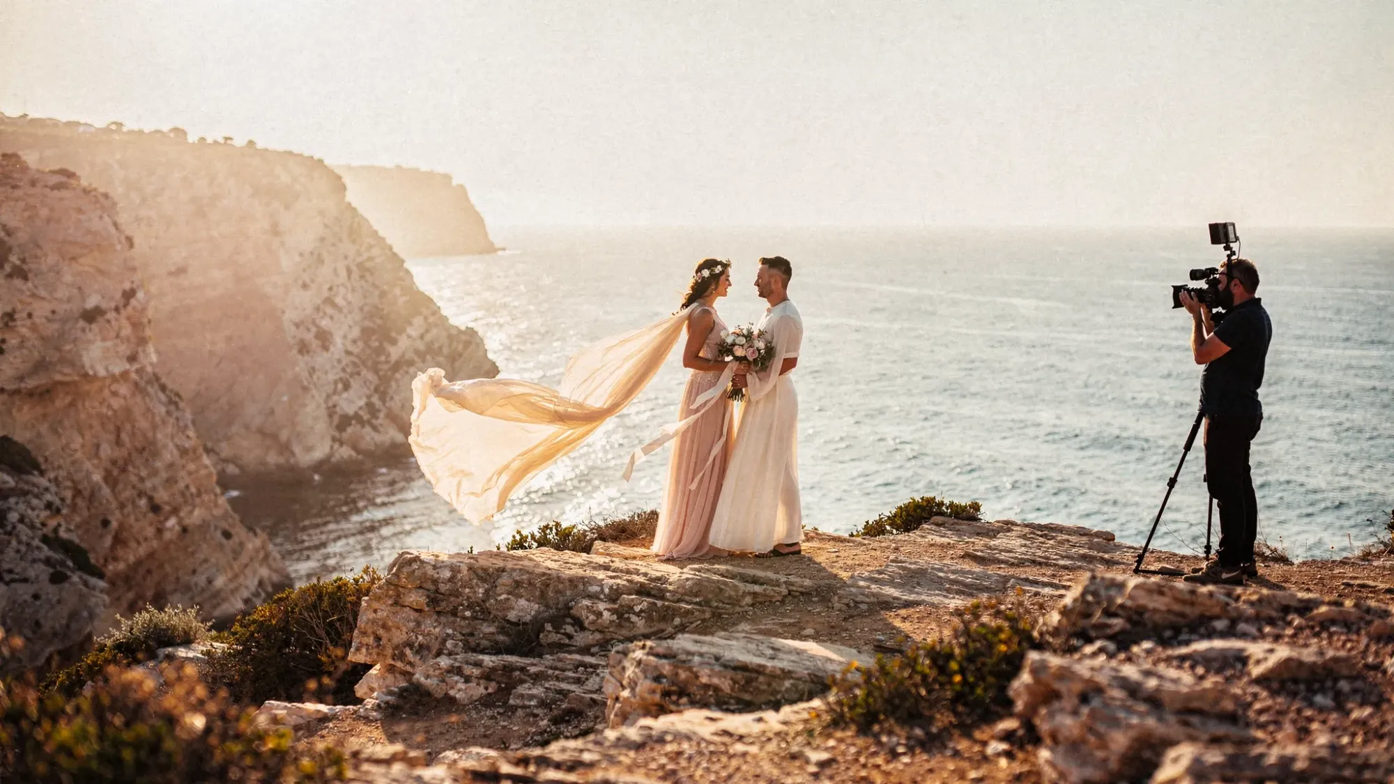 A quiet symbolic vow ceremony on a Mediterranean cliff in Spain at golden hour, with wind lifting light fabric, rugged coastline below, and a single filmmaker at a respectful distance capturing the moment.