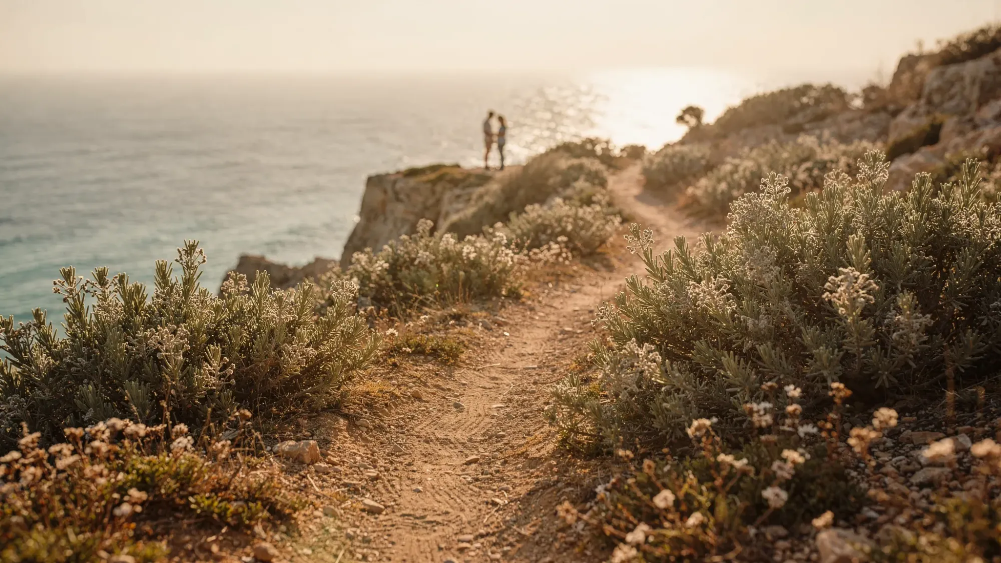 A secluded Mediterranean cliff path at golden hour with wild rosemary and scrub along the trail, leading to a quiet overlook above the sea. Two figures stand far in the distance, small against the landscape, emphasizing intimacy and scale.