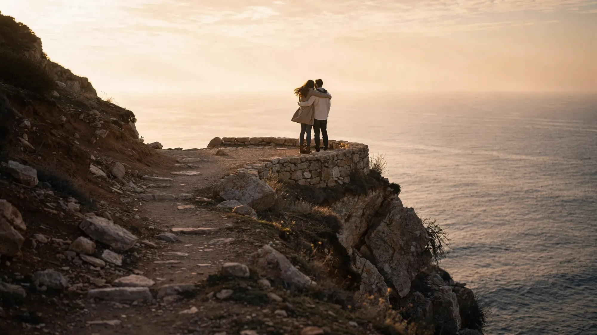 A quiet Mediterranean cliff at sunrise with a narrow footpath leading to a rocky overlook above the sea. Two figures stand close together near the edge, wrapped in a light jacket and wind, with soft gold light breaking over the horizon.