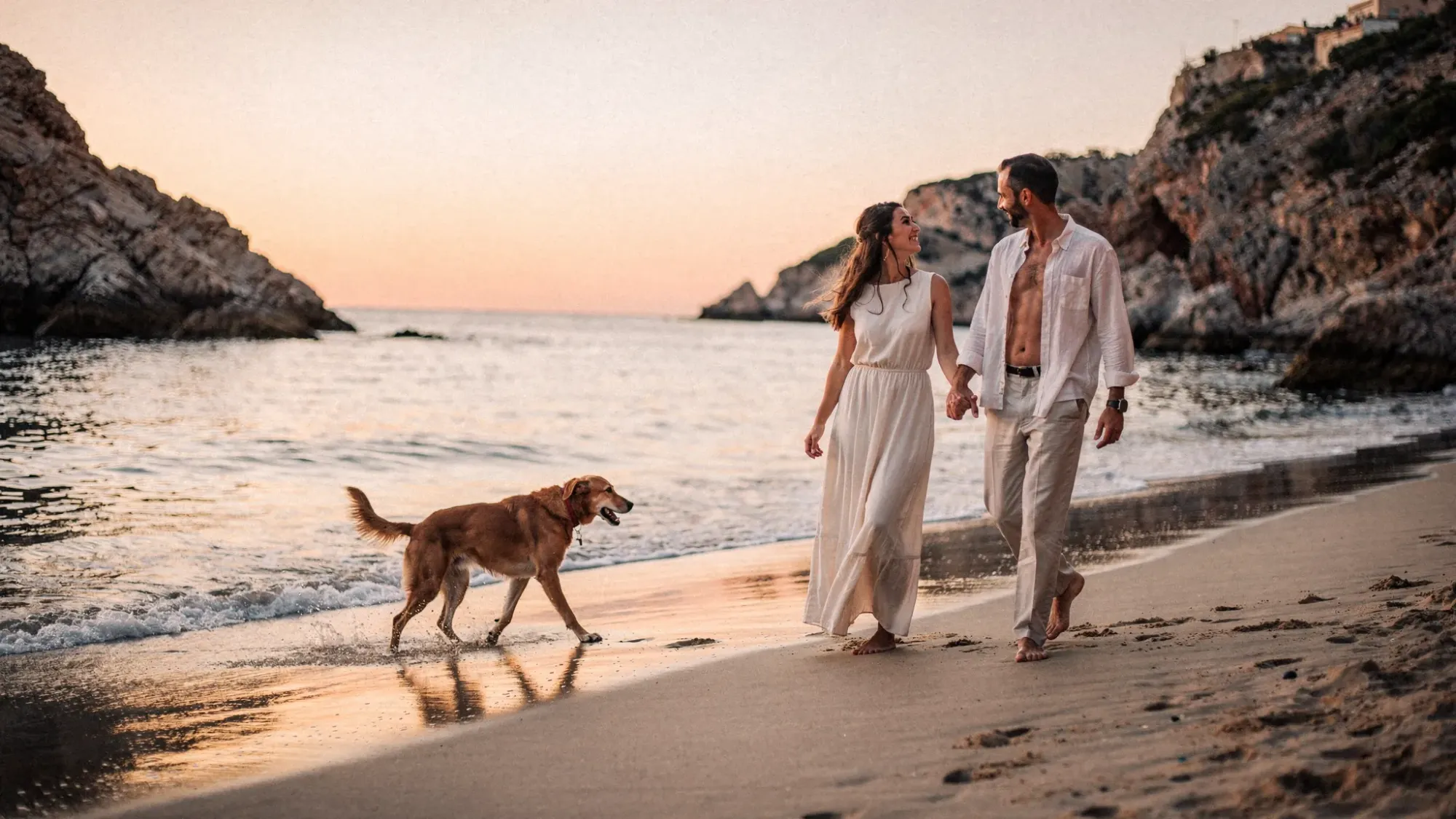 A quiet Mediterranean sunrise cove in Spain with a couple in simple elopement attire walking barefoot near the shoreline while their dog trots beside them; warm peach light, calm sea, and rocky cliffs framing the scene.