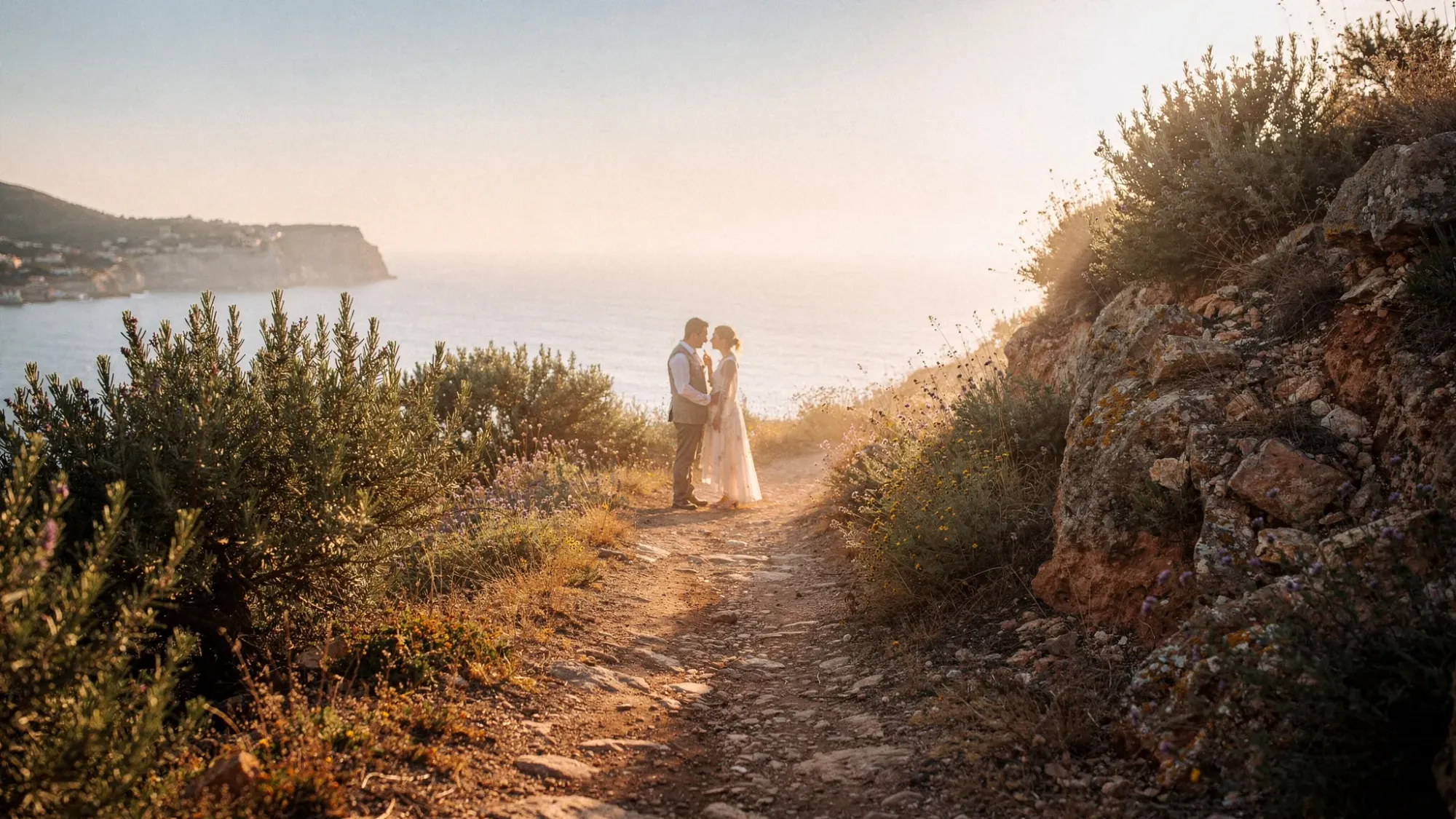 A quiet Mediterranean cliff path at sunrise in Spain with rosemary and wild herbs along the trail, soft golden light breaking over the sea, and a small natural clearing that could hold two people standing close together.