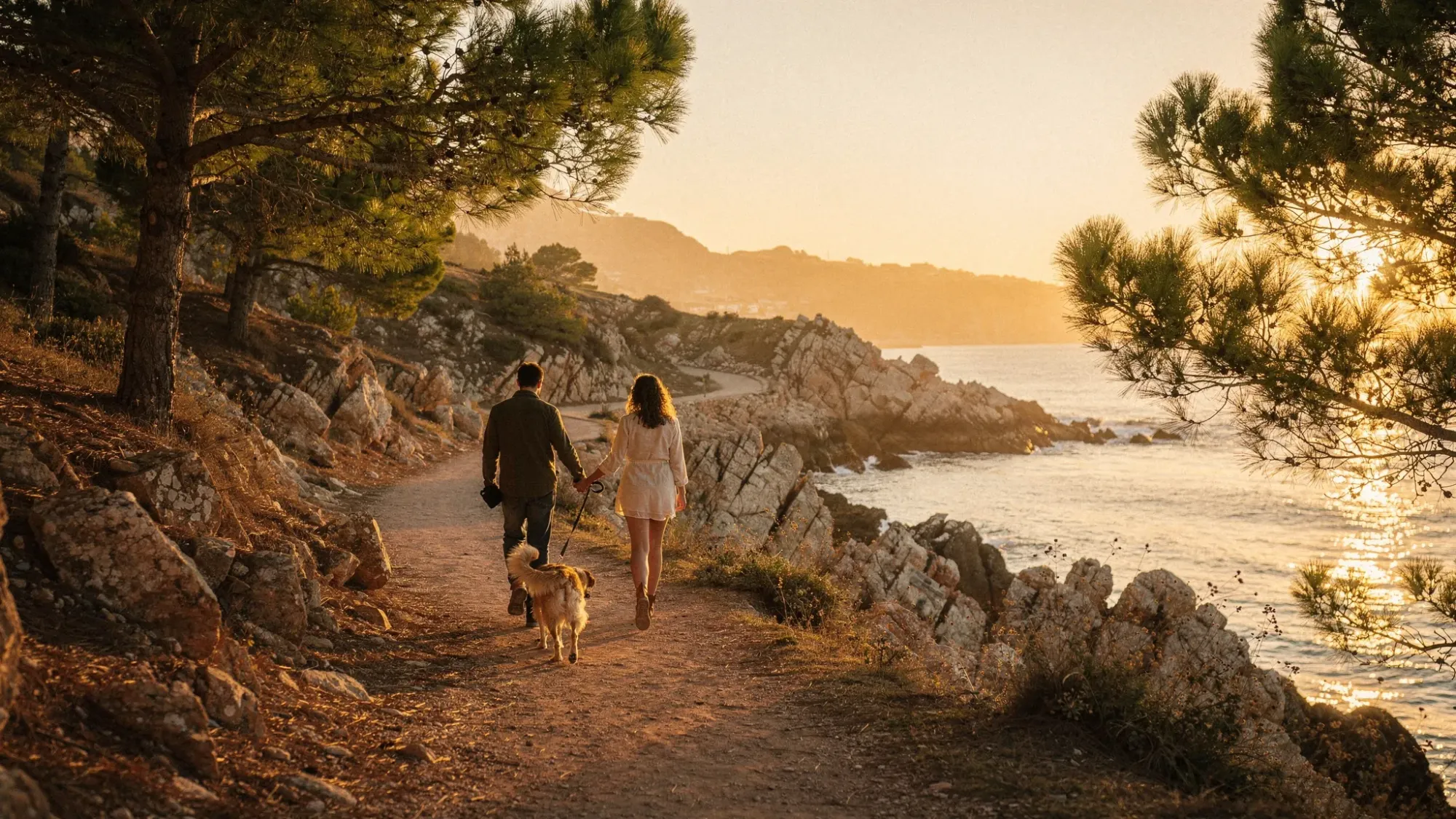A quiet coastal footpath in Spain at sunrise with a couple walking hand-in-hand and their dog on a leash, pine trees framing the trail, the sea visible below, and soft golden light hitting the rocks.