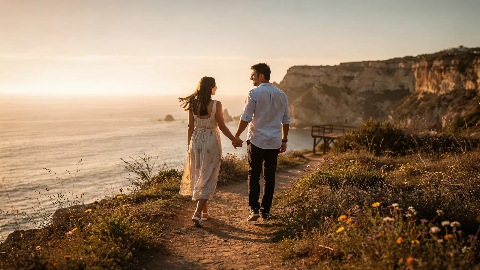 A couple stands hand-in-hand on a quiet Spanish coastal path above the sea at golden hour, with sunlit cliffs, sparse wildflowers, and a narrow trail leading toward a secluded overlook. The scene feels intimate and cinematic, with wind-tossed hair and soft, warm light.
