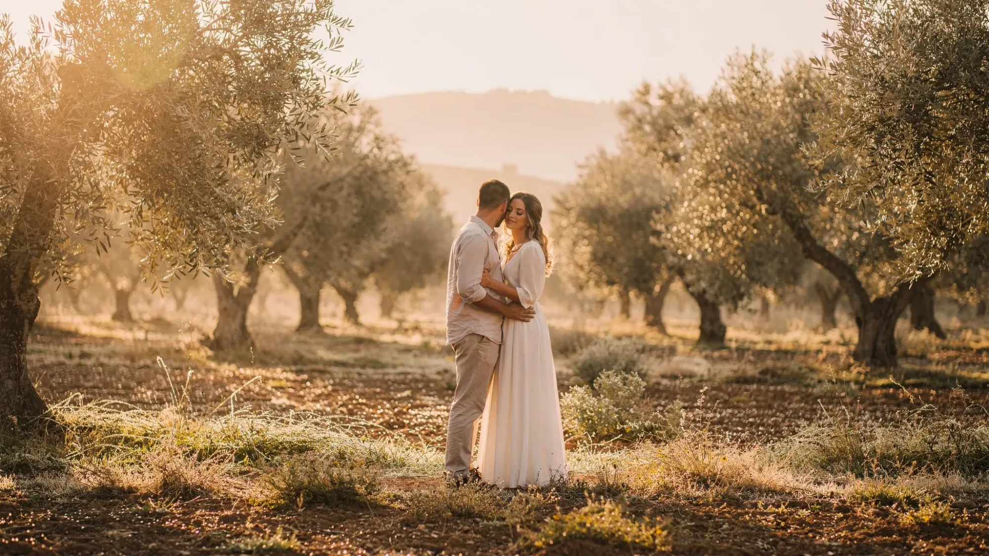 A quiet sunrise scene in a Spanish olive grove: a couple in simple elopement attire stands between silvery olive trees with dew on the ground, soft morning light filtering through, and distant hills fading into mist.