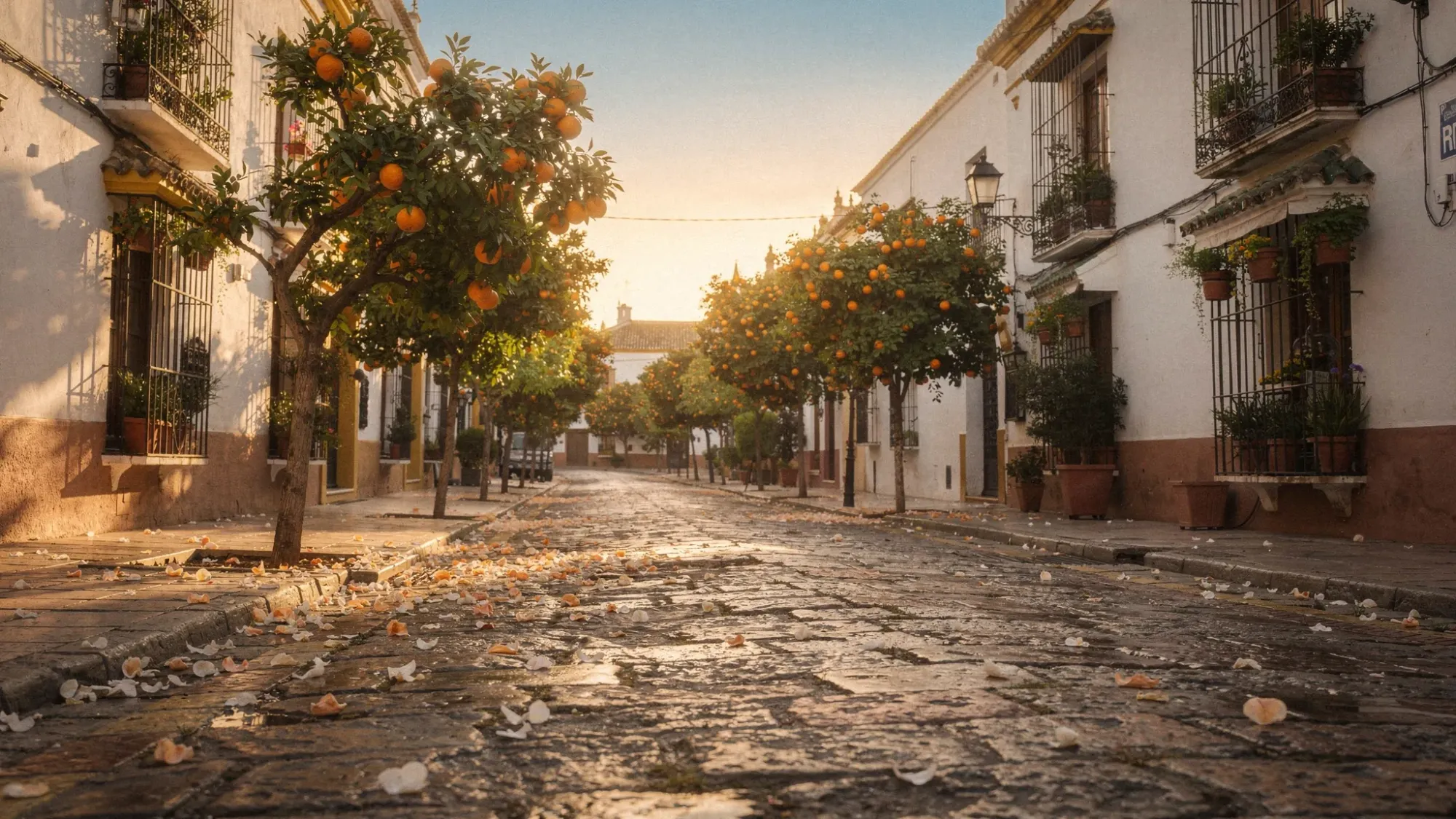 A quiet early-morning street in Seville lined with orange trees in bloom, soft petals scattered on ancient stone pavement, warm sunrise light touching whitewashed walls and wrought-iron balconies.