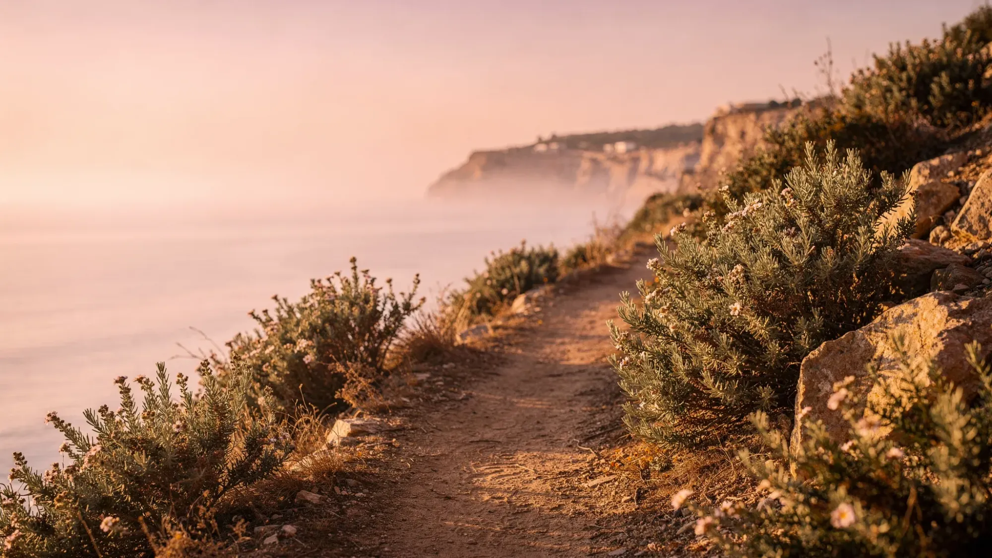 A quiet Mediterranean cliffside footpath at sunrise with low wild rosemary and scrub along the trail, soft golden light touching the rocks, and the sea below reflecting pale pink sky. No crowds, just expansive calm.