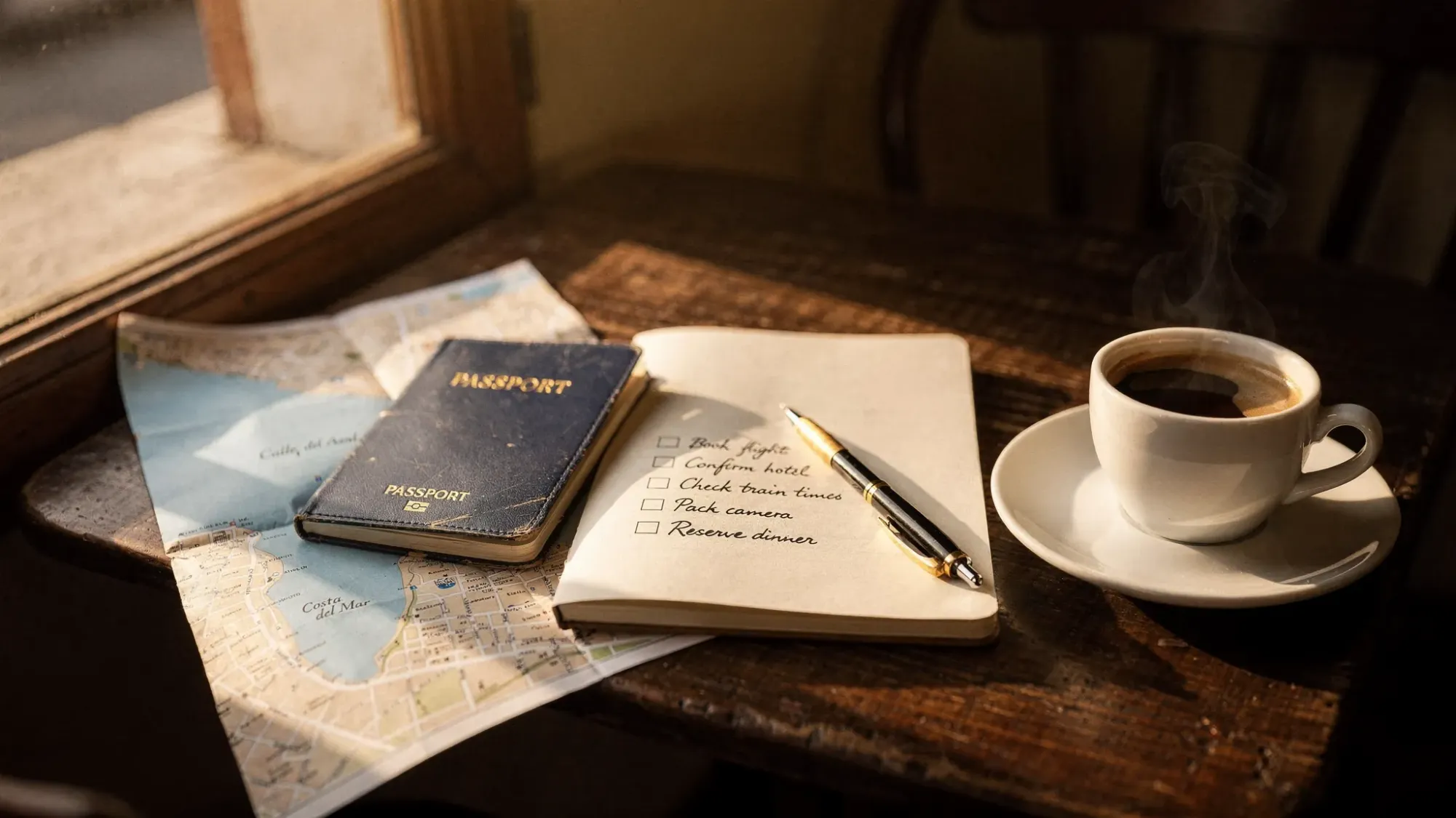 A quiet morning scene at a small wooden table in a Spanish cafe: a passport, a simple notebook with a handwritten checklist, a pen, and an espresso catching warm window light. A folded map of a coastal town peeks out beside the papers, suggesting planning without stress.