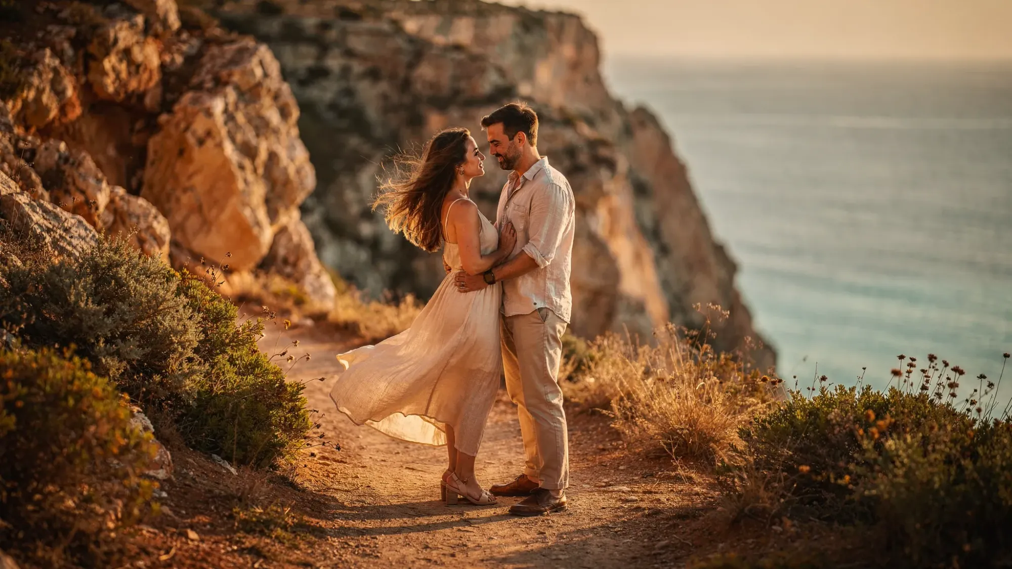A couple stands close together on a quiet Mediterranean cliff path in Spain at golden hour, wind moving through their clothes and hair. The sea is visible far below, and the light is soft and honey-colored, creating an intimate, cinematic moment.