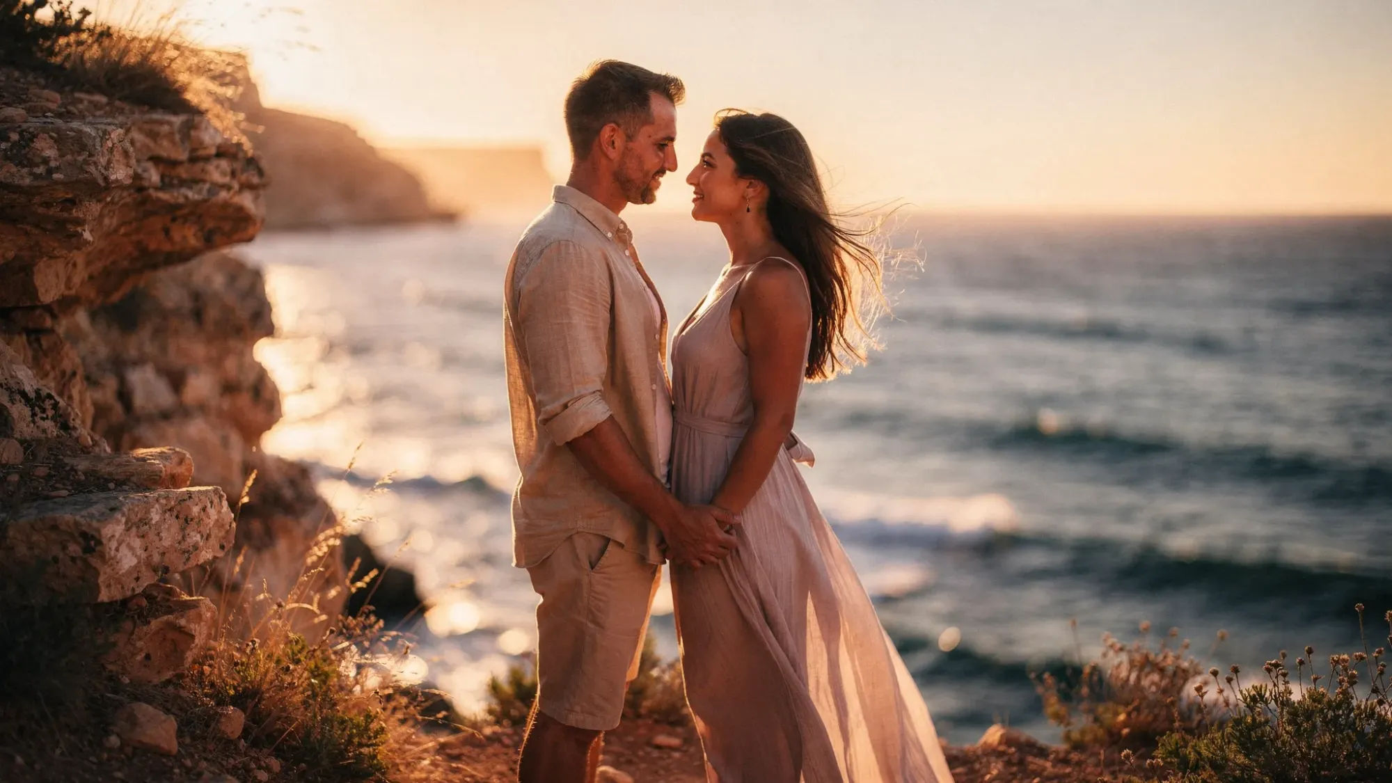 A couple standing close on a Mediterranean cliff in Spain during golden hour, wind moving their clothing gently, with the sea below and warm light wrapping the scene.