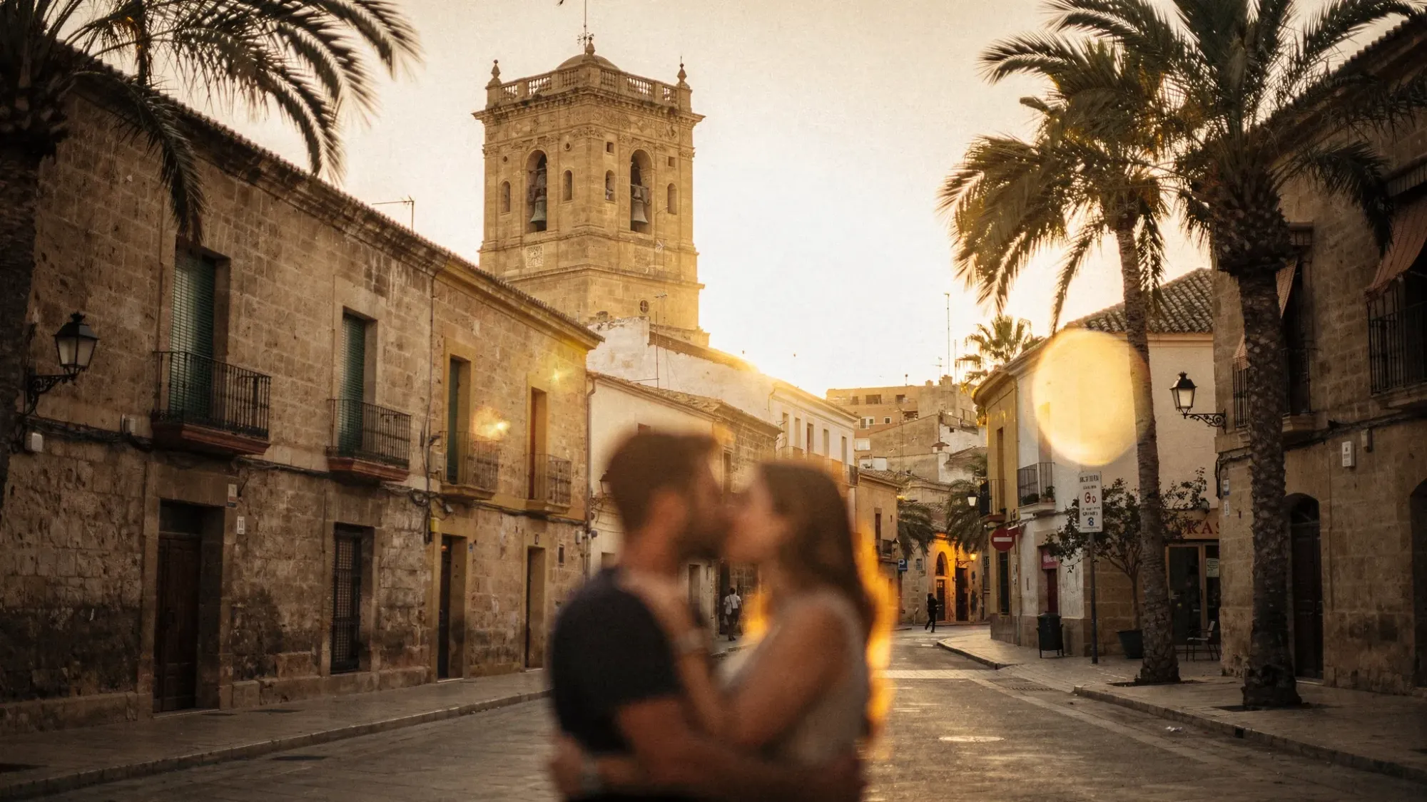 A quiet Elche old town scene at sunset with warm golden light on historic stone buildings, a cathedral bell tower rising in the background, and palm fronds framing the edge of the image. A couple stands close together in the foreground, softly out of focus, creating a cinematic sense of intimacy.