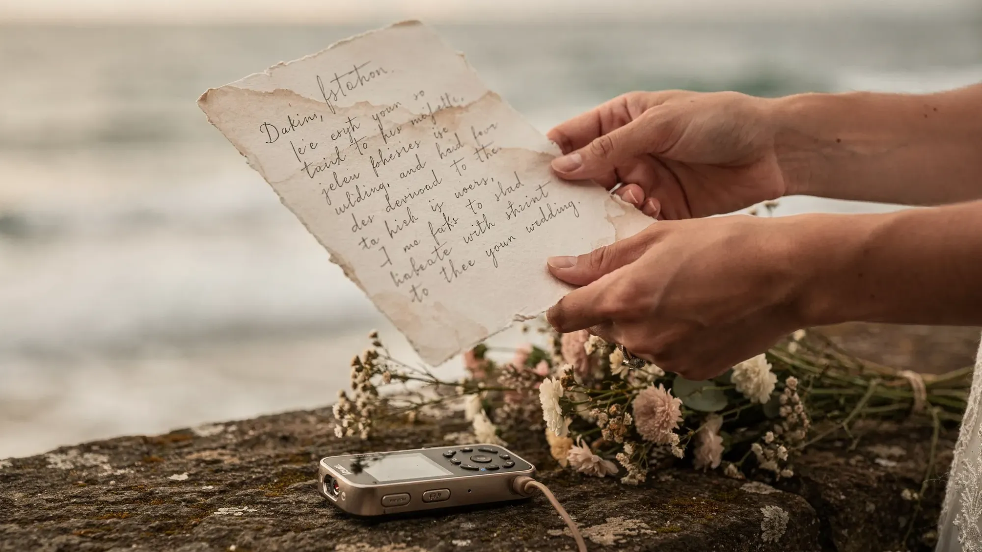 A close-up of two hands holding handwritten vows on textured paper, with soft natural light; a small audio recorder and wildflowers resting on a stone ledge near the sea.