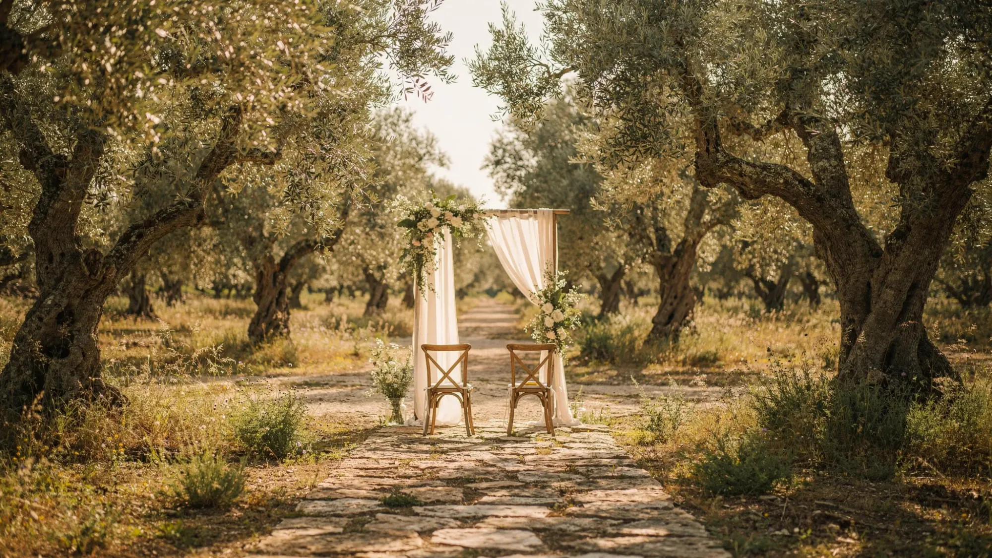 A sunlit Spanish olive grove path leading to a small clearing set for an intimate elopement ceremony, with textured stone, wild grasses, and warm morning light filtering through silver-green leaves.