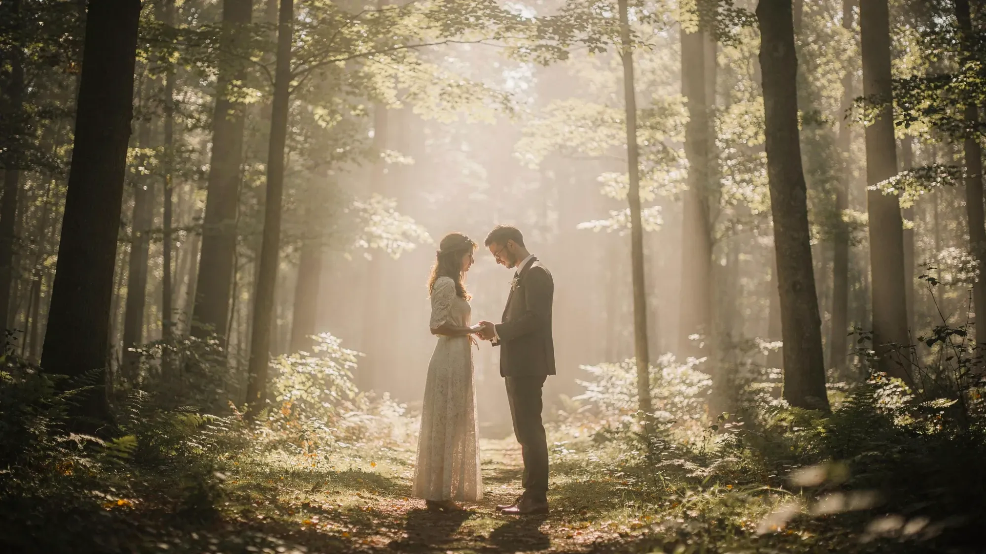A shaded forest clearing in early morning with tall trees and soft mist between trunks. A simple vow moment is happening in the center, with two people facing each other, sunlight filtering through leaves and creating gentle beams.