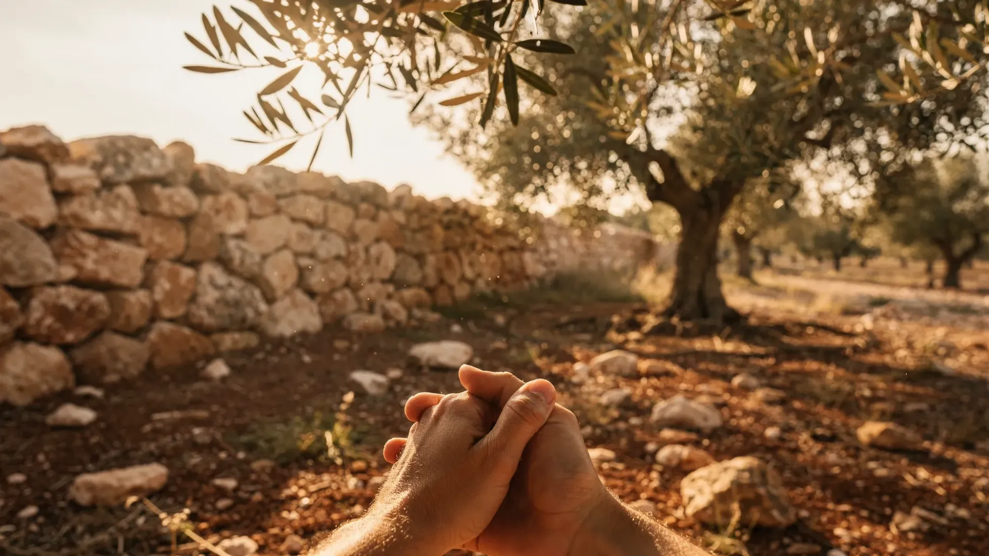 A sunlit olive grove in Spain in early morning, long shadows across dry earth, a simple stone wall nearby, and two hands intertwined in the foreground with soft golden light filtering through the leaves.