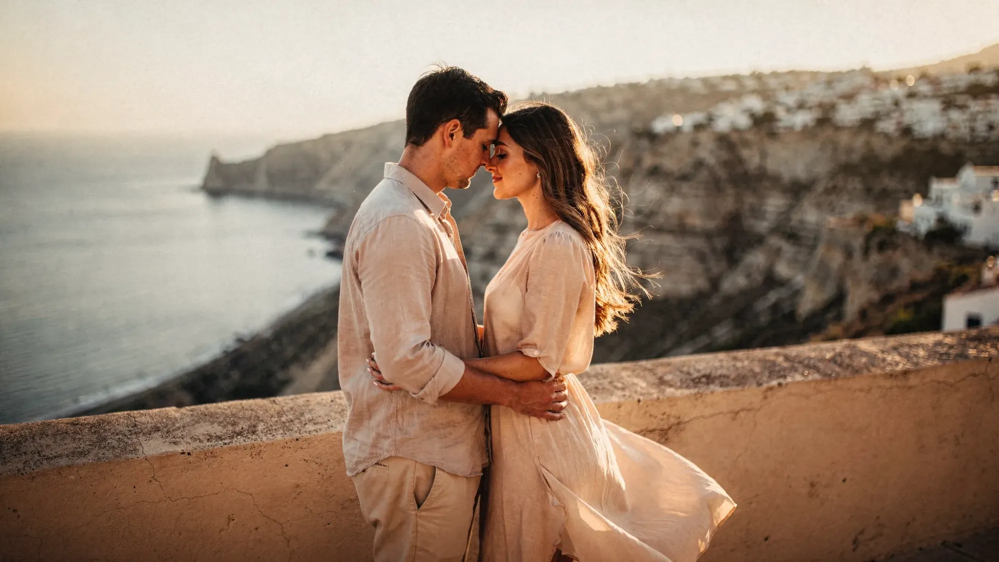 A couple standing close together on a Mediterranean overlook in Spain during golden hour, with warm light on their faces, distant coastline below, and wind moving gently through their clothing as they share a quiet moment.