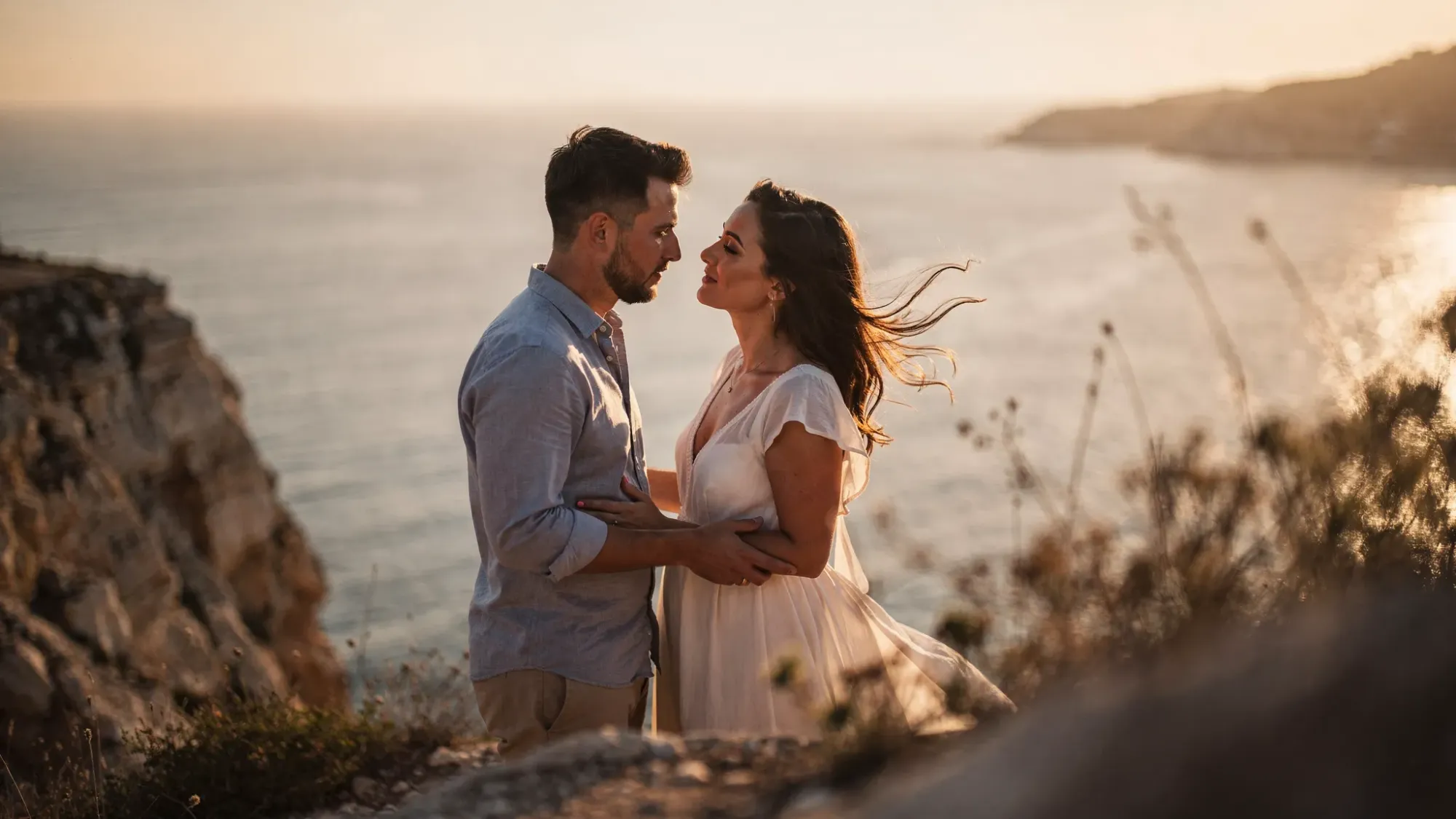 A quiet cliffside vow moment in Spain at sunset, with golden light hitting the couple’s faces, wind moving their hair, and the Mediterranean stretching behind them. The image feels cinematic and intimate, like a still frame pulled from a film.