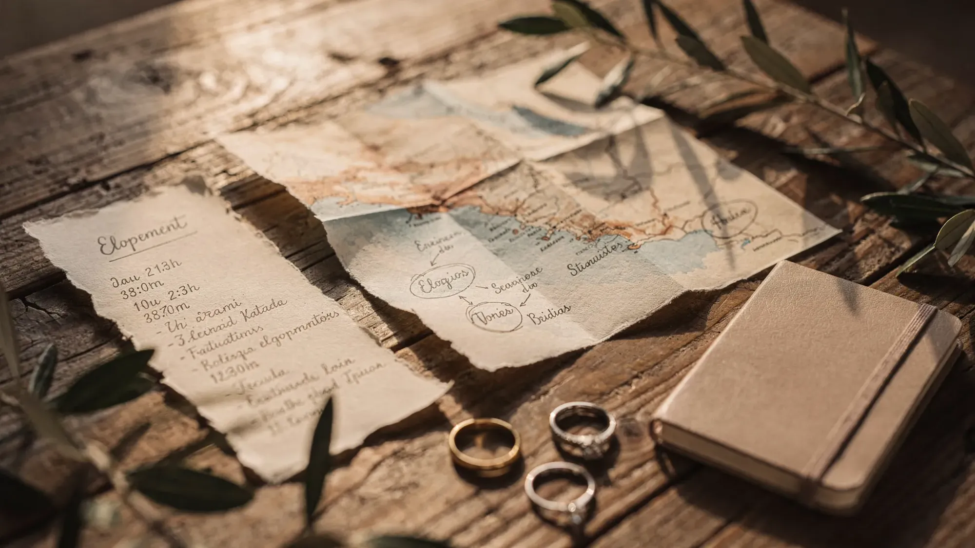 A close-up still-life of elopement planning details on a wooden table: a paper map of a Spanish coastline with a few marked circles, a simple handwritten timeline, olive branches, and two rings resting beside a small notebook in warm natural light.