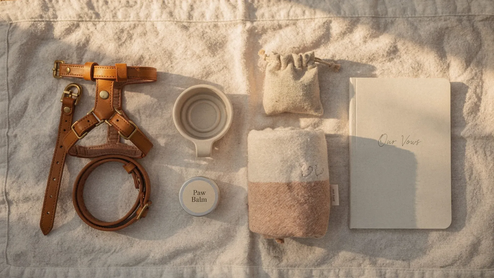 A small flat-lay of dog elopement essentials on a linen towel: a harness, leash, collapsible water bowl, treat pouch, paw balm, a lightweight blanket, and a simple vow notebook, with warm Spanish sunlight across the scene.