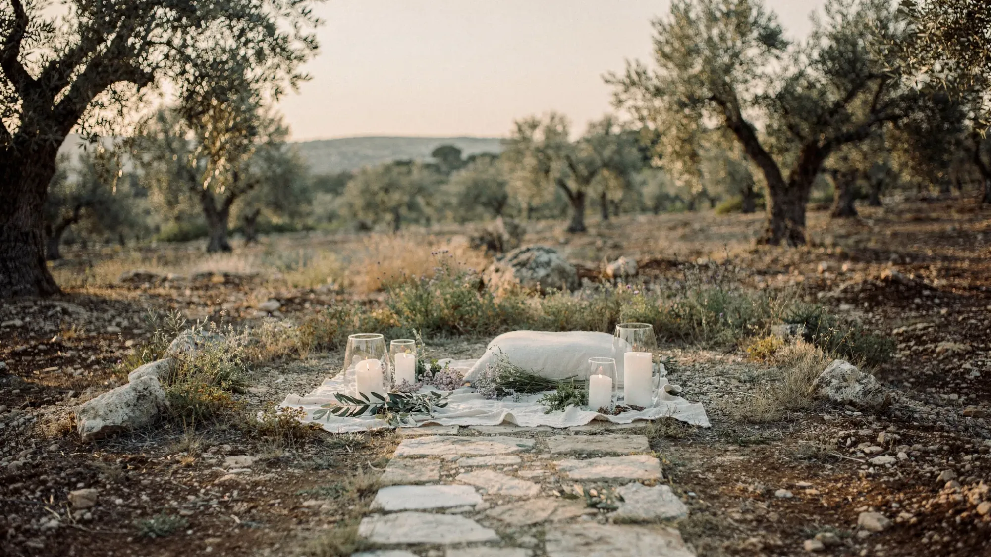 A quiet sunrise scene in rural Spain with an olive grove and a stone path leading to a small clearing set for an intimate symbolic ceremony, featuring simple natural elements like linen fabric, a few candles in glass holders, and wild greenery. The light is soft and cool, with long shadows and a calm, spacious mood.