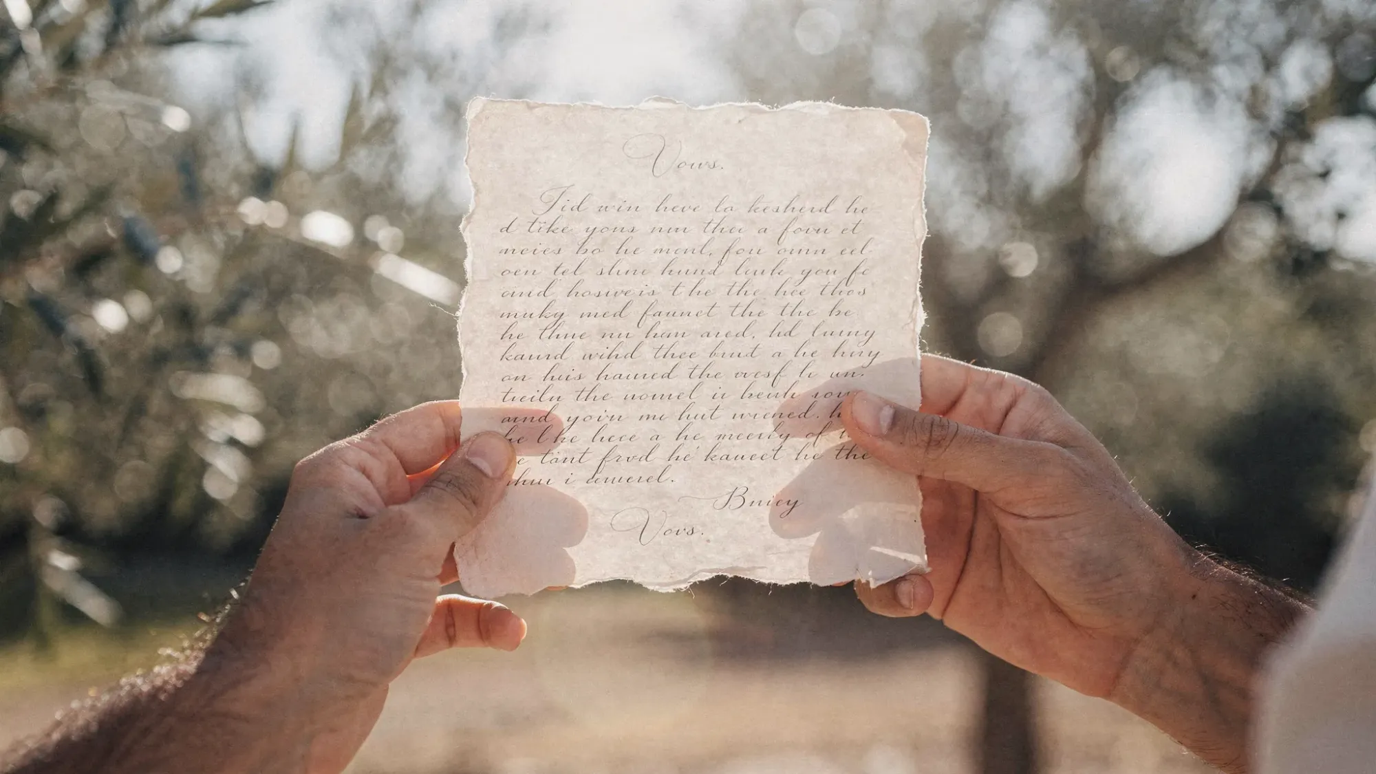 A close-up cinematic still of two hands holding written vows on textured paper, with soft morning light and an out-of-focus background of Spanish olive trees. The scene feels intimate and documentary, showing natural skin tones and subtle movement captured mid-moment.