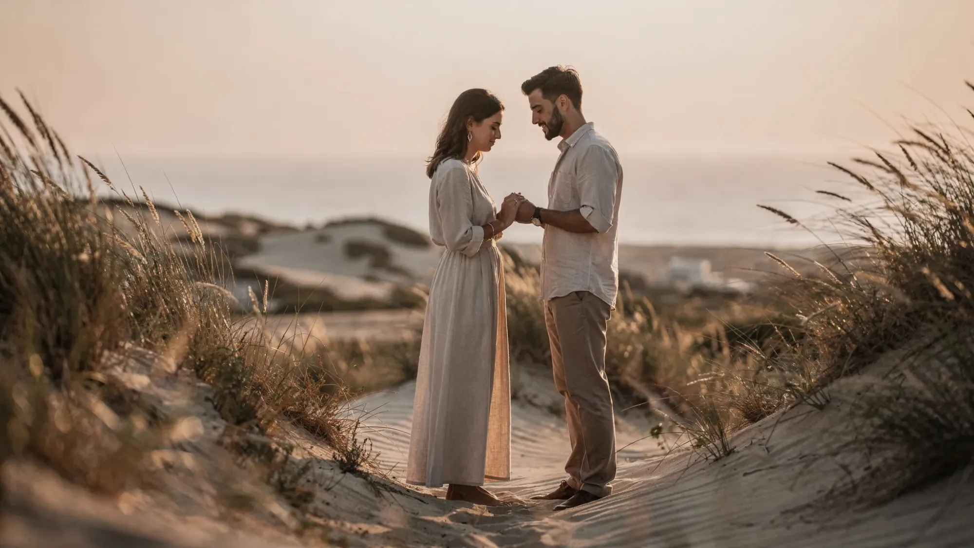 An intimate two-person vow moment in sandy dunes near the Mediterranean, with dune grass in the foreground and soft sunrise light. No guests, no arch, just the couple holding hands with the sea in the distance.