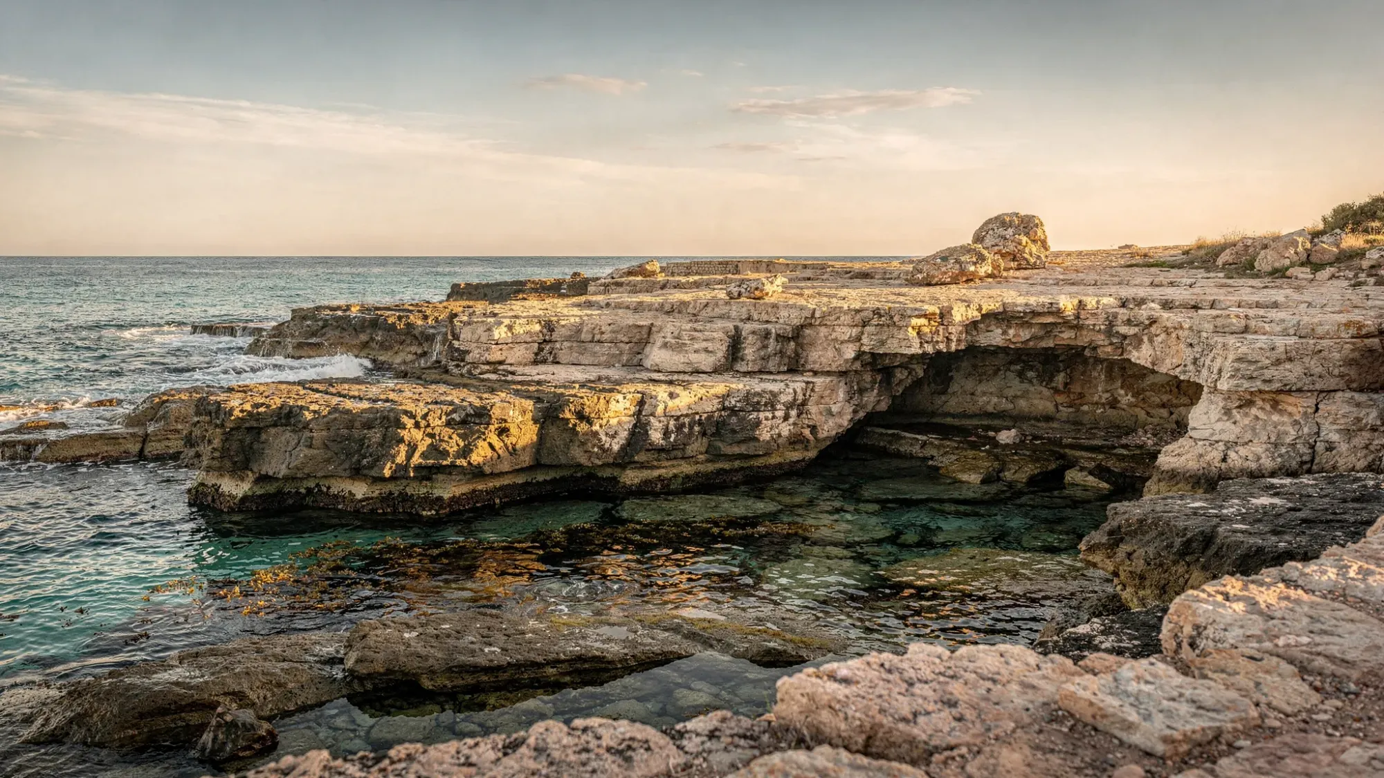 A rocky Mediterranean shoreline near El Campello at golden hour, with warm sunlight on stone ledges, clear turquoise water below, and a small quiet cove feeling sheltered and intimate. No crowds, just sea texture and horizon.