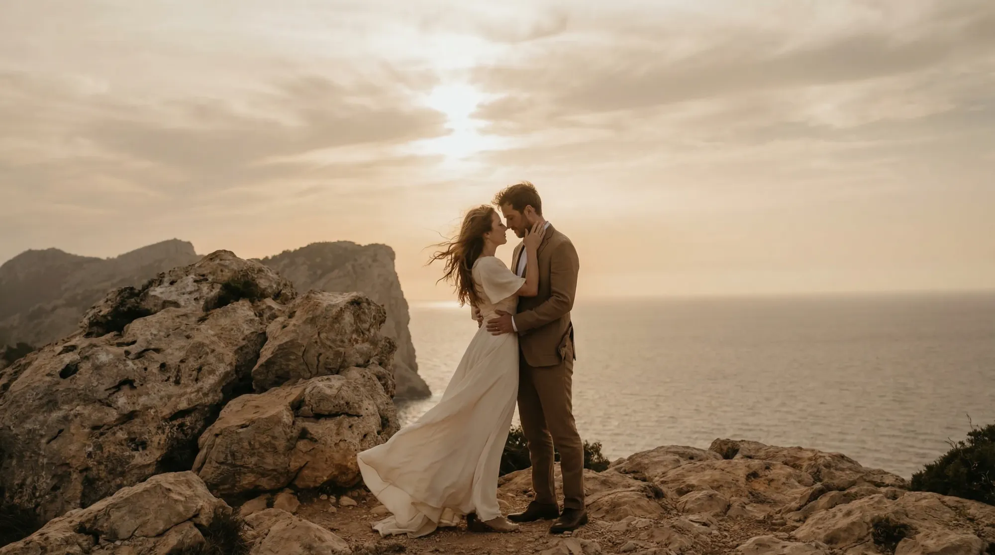 A golden-hour cliffside elopement in Spain: a couple stands near rugged coastal rocks with wind in their clothes, warm sunlight breaking through thin clouds, and the Mediterranean stretching out in the background.