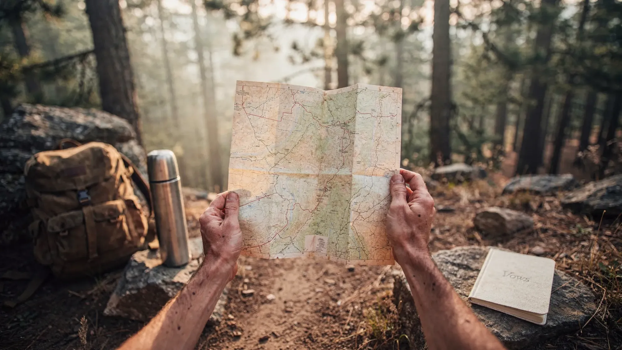 Two hands hold an unfolded map at a mountain trailhead beside a small backpack, a thermos, and a folded vow booklet. A narrow trail leads into a pine forest with early morning light filtering through.
