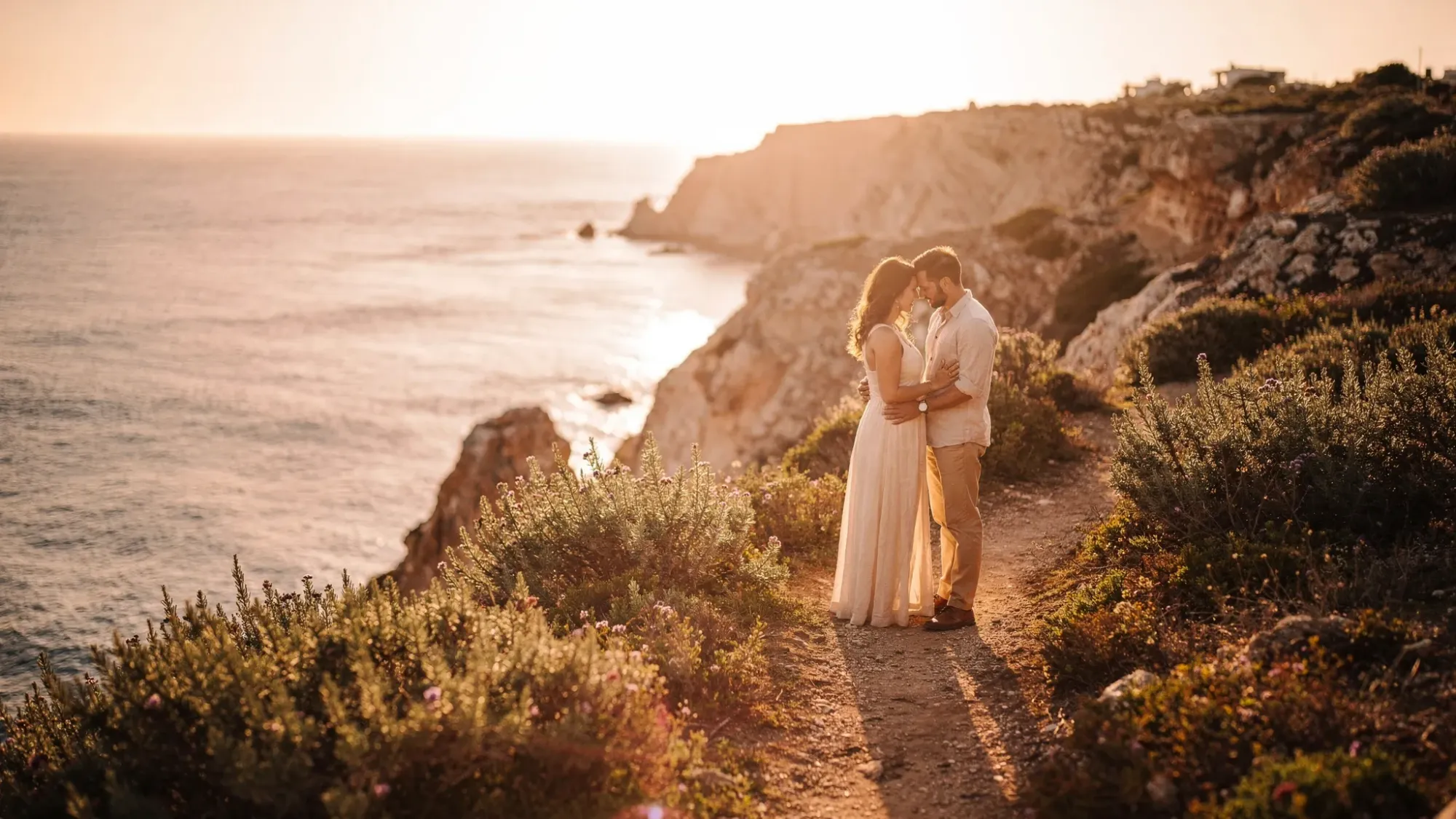 A wide cinematic view of a secluded Spanish Mediterranean cliffside at golden hour: a couple stands close near a narrow path lined with wild rosemary, the sea far below reflecting warm light, with no crowds or buildings in sight.