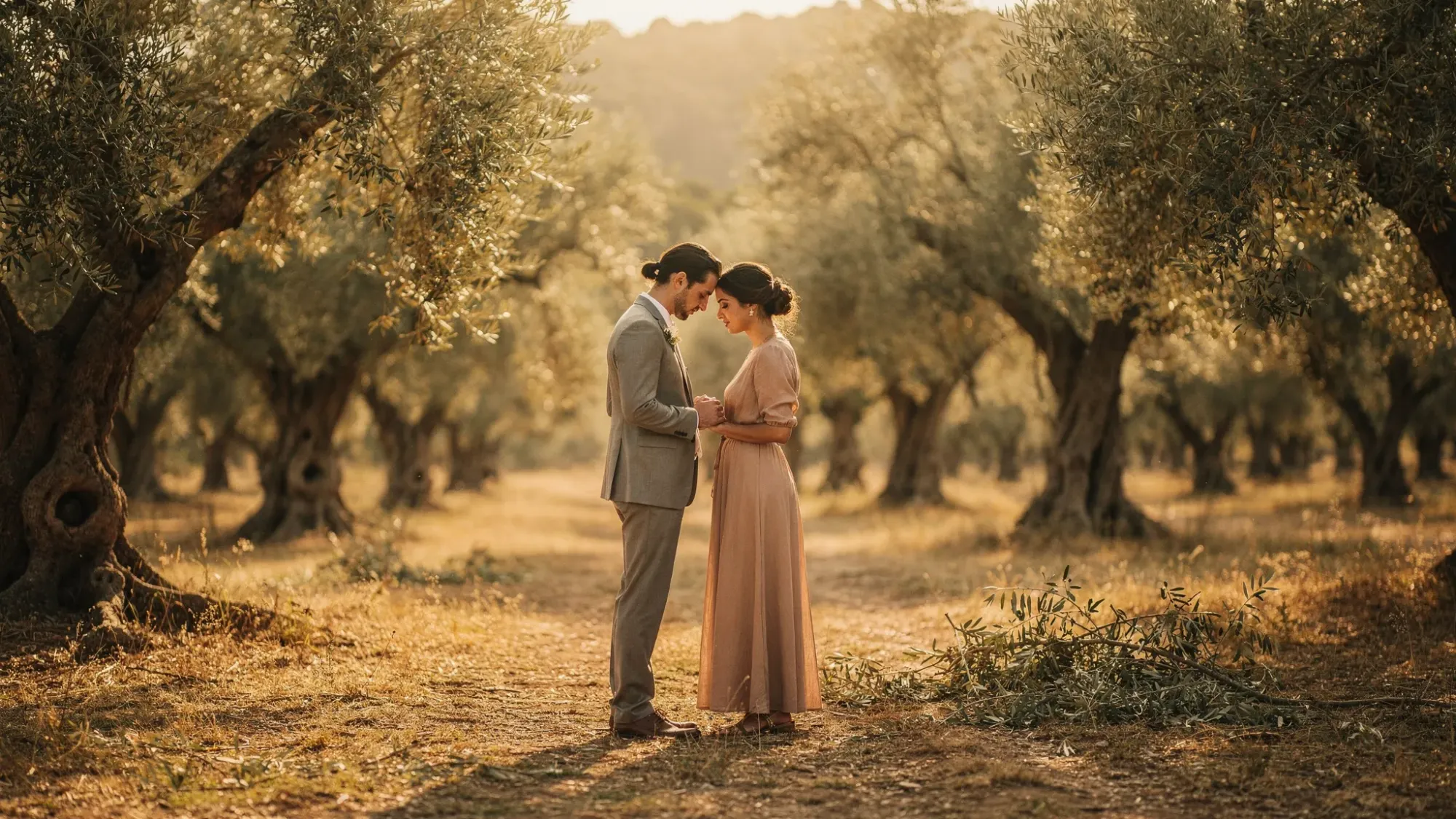 An intimate vow moment in a Spanish olive grove at sunrise, with soft golden light filtering through trees. The couple stands close, holding hands, with simple natural surroundings and a calm, private atmosphere.