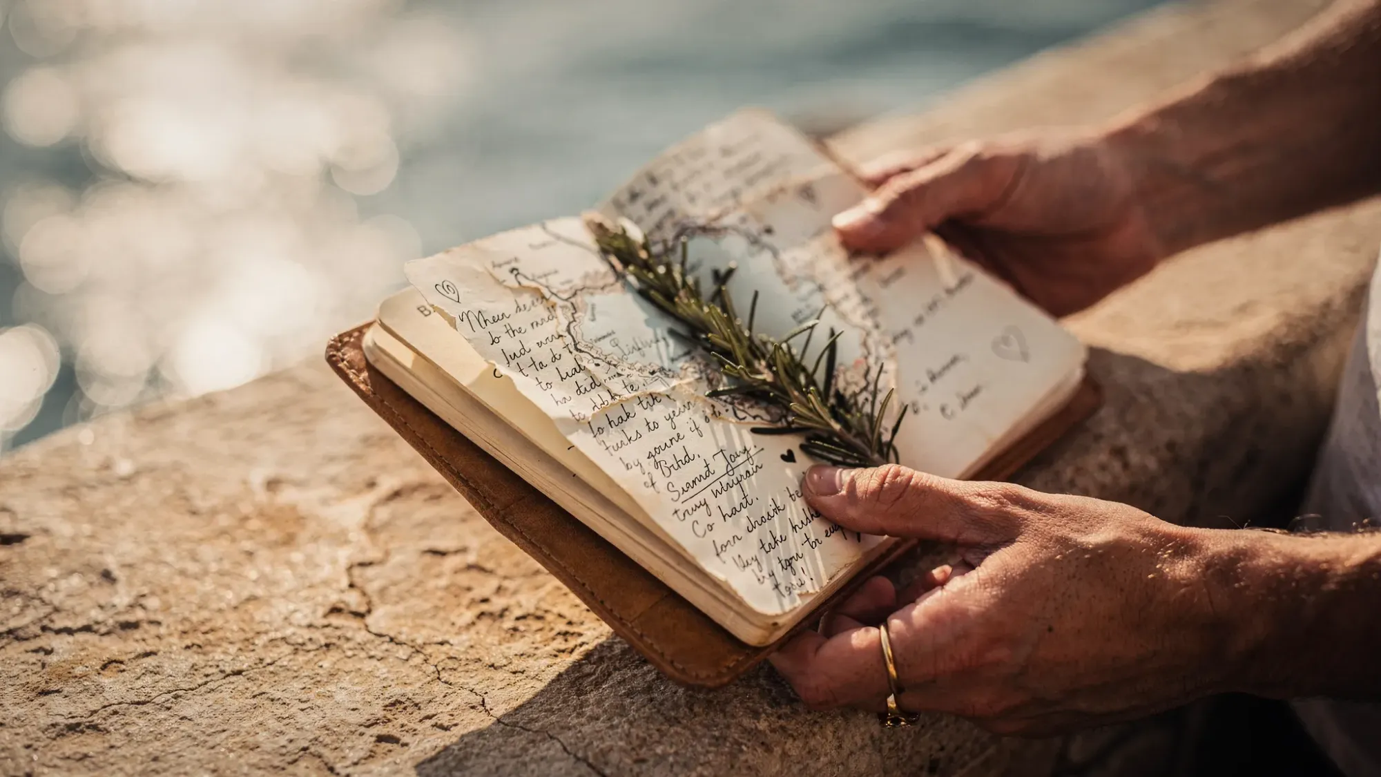 A couple’s hands holding a worn notebook with handwritten vows, a small map with a route marked in pencil, and a sprig of rosemary tucked between the pages, set on a sunlit stone ledge near the sea.