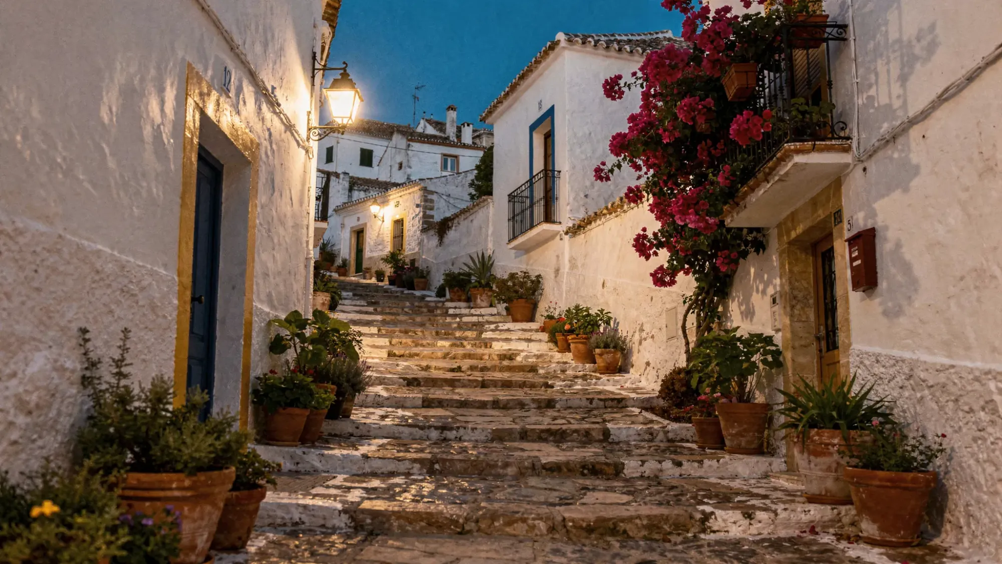 A quiet whitewashed Spanish hillside village at dusk, warm street lamps glowing, cobblestone steps, terracotta pots, and a small balcony with bougainvillea as the sky turns deep blue.