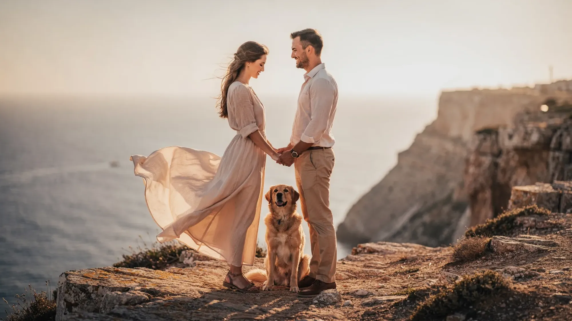A golden hour cliffside vow moment in Spain with a couple standing close and their dog sitting calmly between them; warm light, wind moving fabric, and the Mediterranean horizon in the distance.